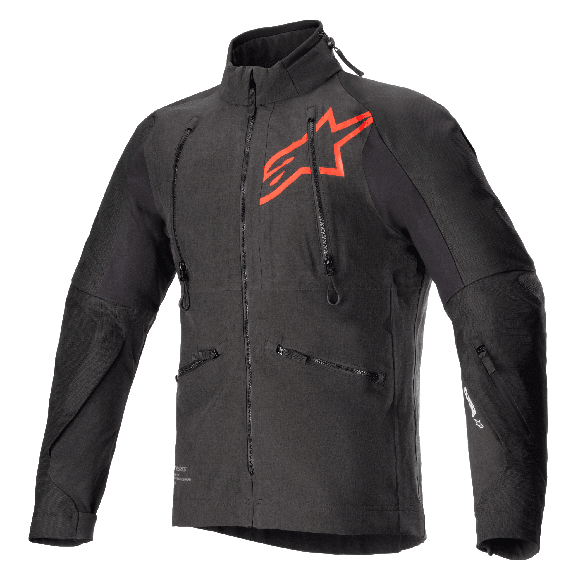Alpinestars Hyde XT Drystar XF Jacket, techniczna kurtka motocyklowa w kolorze czarnym i jaskrawoczerwonym, duże czerwone logo gwiazdy na piersi, pionowe zamki wentylacyjne na klatce piersiowej, wysoki kołnierz, teksturowana tkanina rozciągliwa w czterech kierunkach, zaprojektowana do jazdy typu adventure i off-road