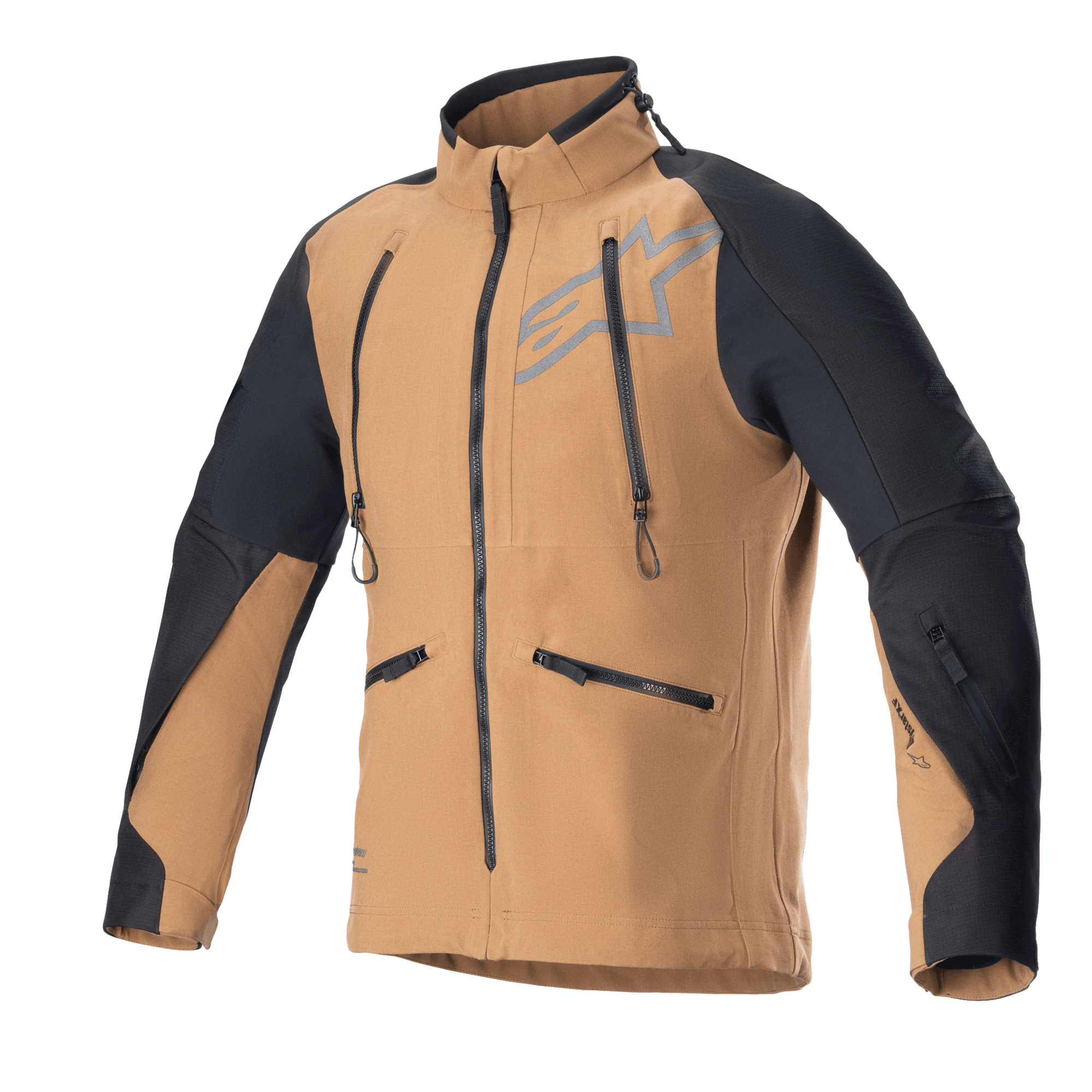 Alpinestars Hyde XT Drystar XF Jacket, motocyklowa kurtka turystyczna adventure, piaskowa i czarna, z pionowymi zamkami wentylacyjnymi na klatce piersiowej i kieszeniami bocznymi, czarne panele ripstop na ramionach i rękawach, wysoki kołnierz, wodoodporna konstrukcja tekstylna do jazdy terenowej
