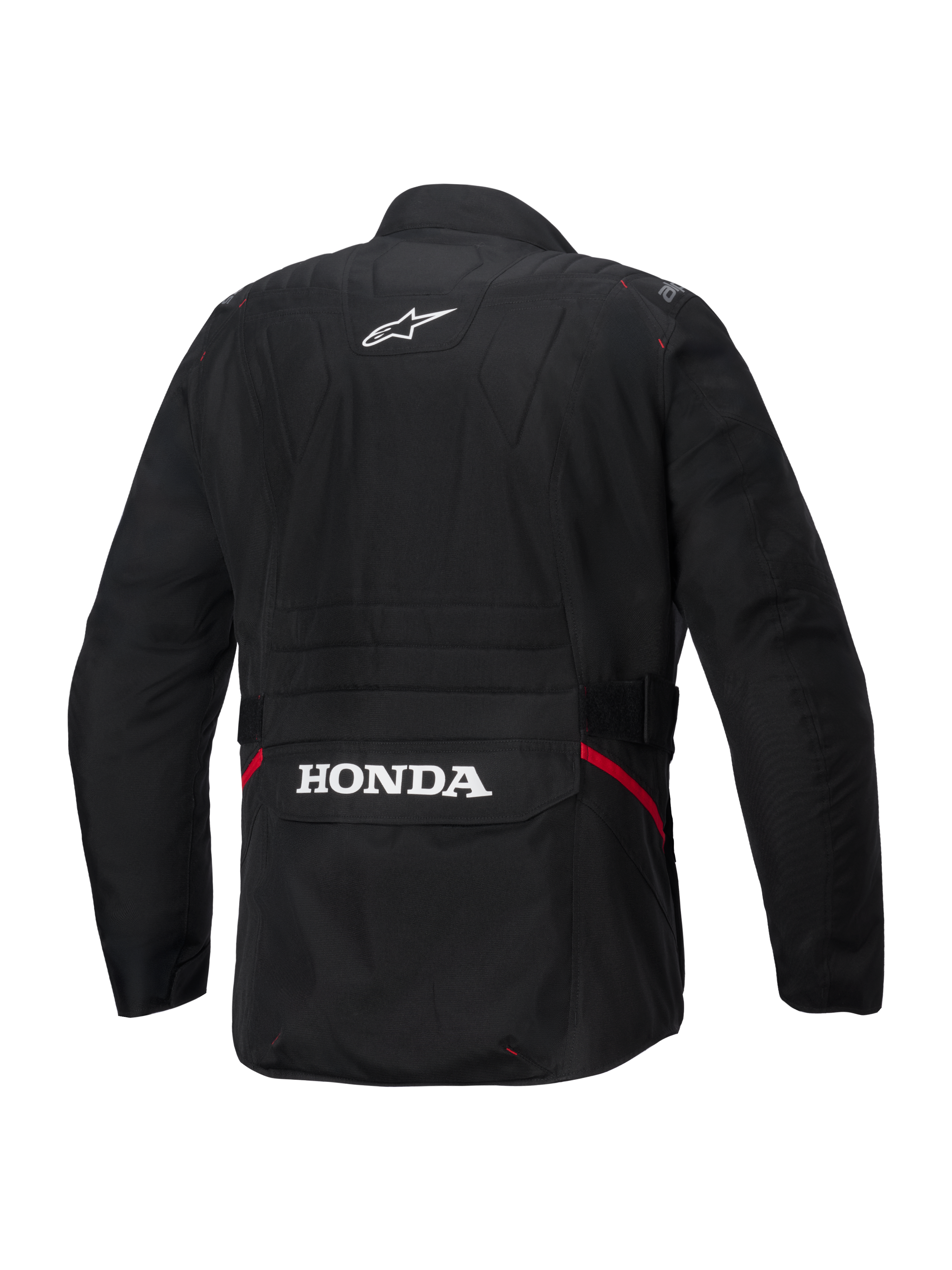 Wodoodporna kurtka Alpinestars Honda ST-1, widok z tyłu, czarny materiał tekstylny, białe logo gwiazdy Alpinestars w górnej części pleców, branding Honda na tylnej kieszeni cargo, czerwone akcenty po bokach, wytrzymała turystyczna kurtka motocyklowa