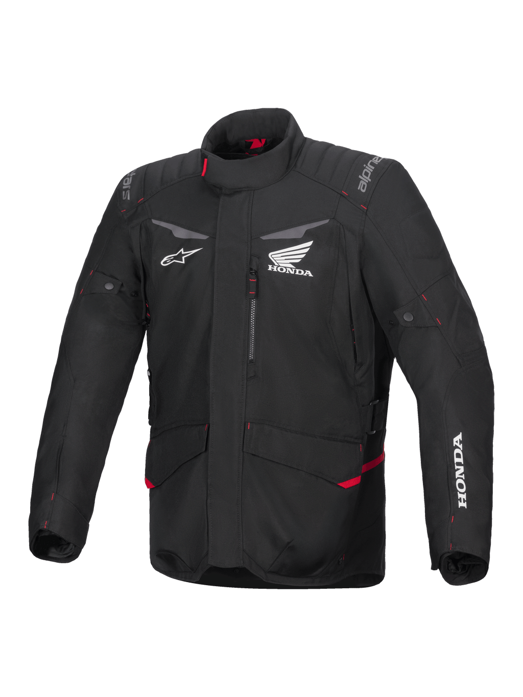 Alpinestars Honda ST-1 Waterproof Jacket, motocyklowa kurtka turystyczna, czarna z czerwonymi akcentami, logo Honda i Alpinestars, wysoki kołnierz, wzmocnione ramiona i łokcie, zapięcie na zamek, przednie kieszenie