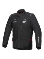 Alpinestars Honda ST-1 Waterproof Jacket, motocyklowa kurtka turystyczna, czarna z czerwonymi akcentami, logo Honda i Alpinestars, wysoki kołnierz, wzmocnione ramiona i łokcie, zapięcie na zamek, przednie kieszenie