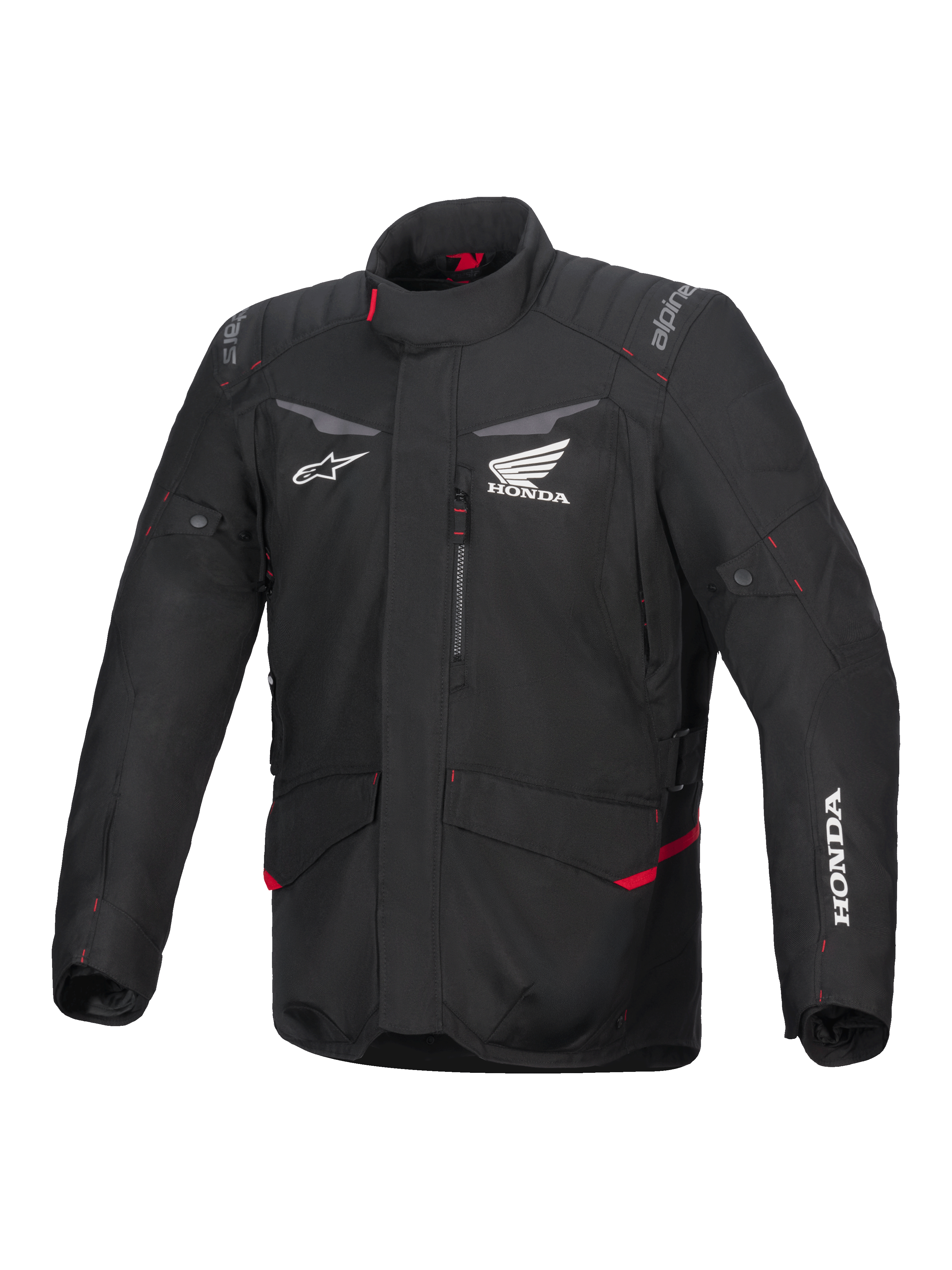 Alpinestars Honda ST-1 Waterproof Jacket, motocyklowa kurtka turystyczna, czarna z czerwonymi akcentami, logo Honda i Alpinestars, wysoki kołnierz, wzmocnione ramiona i łokcie, zapięcie na zamek, przednie kieszenie