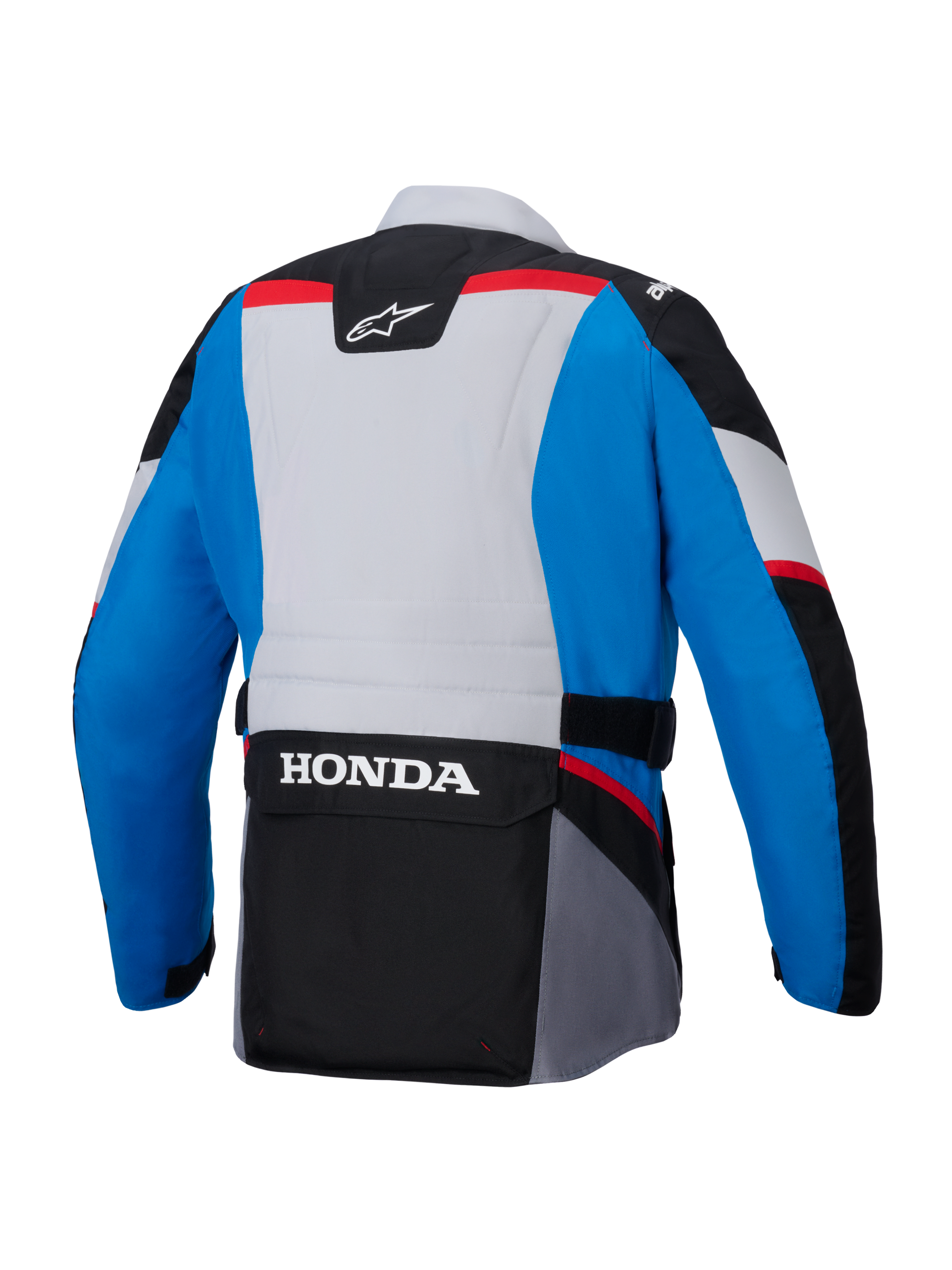 Alpinestars Honda ST-1 Waterproof Jacket, rear view, Blue and Light Gray with Black panels and Red accents, features large white HONDA branding on the lower back cargo pocket, adventure touring style textile jacket.