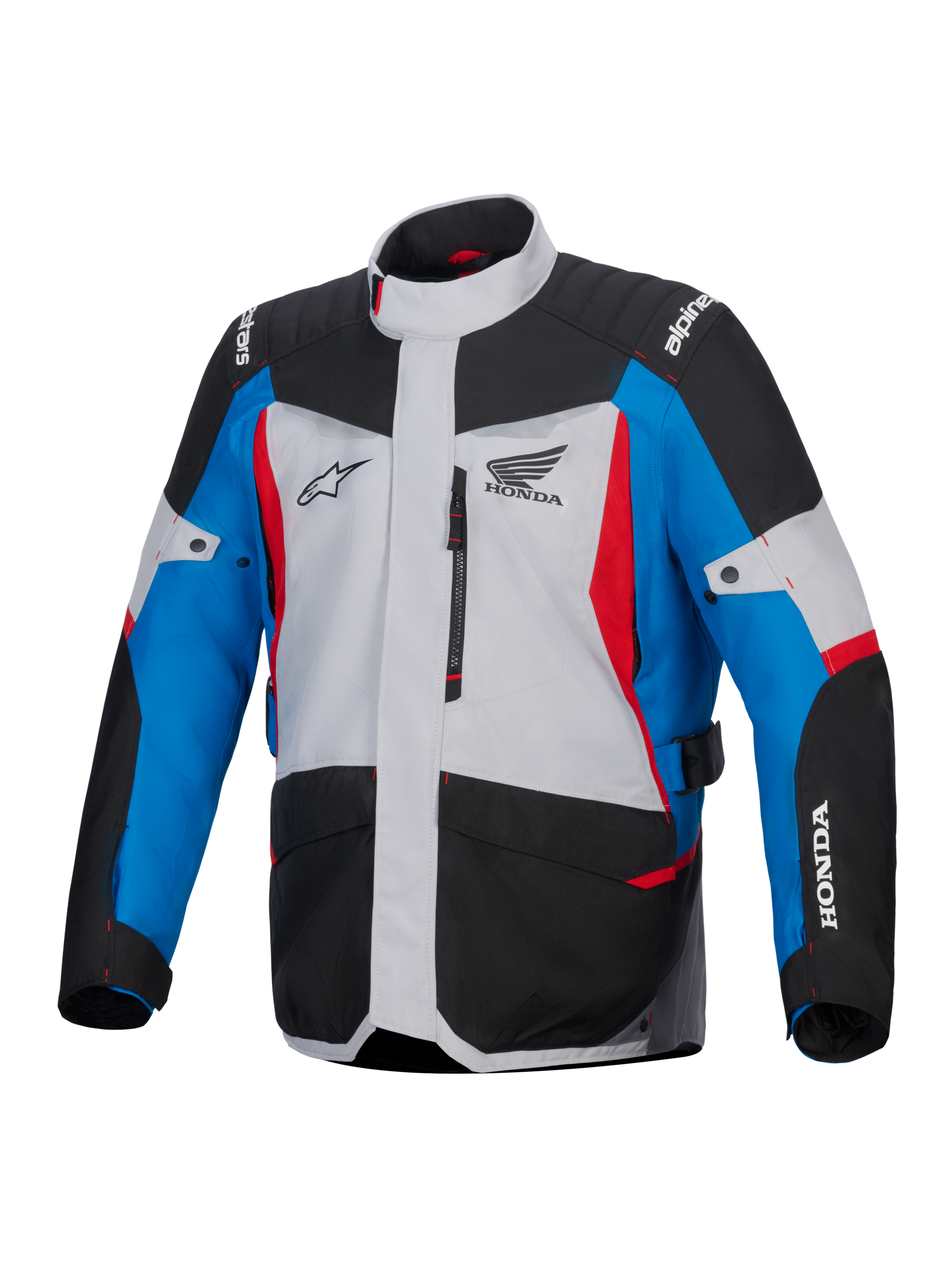 Alpinestars Honda ST-1 Waterproof Jacket, Motorcycle Touring Jacket, Ice Gray Black and Blue with Red accents, featuring Honda and Alpinestars logos, front view with zippered chest pocket and cargo pockets, weather-resistant adventure touring design