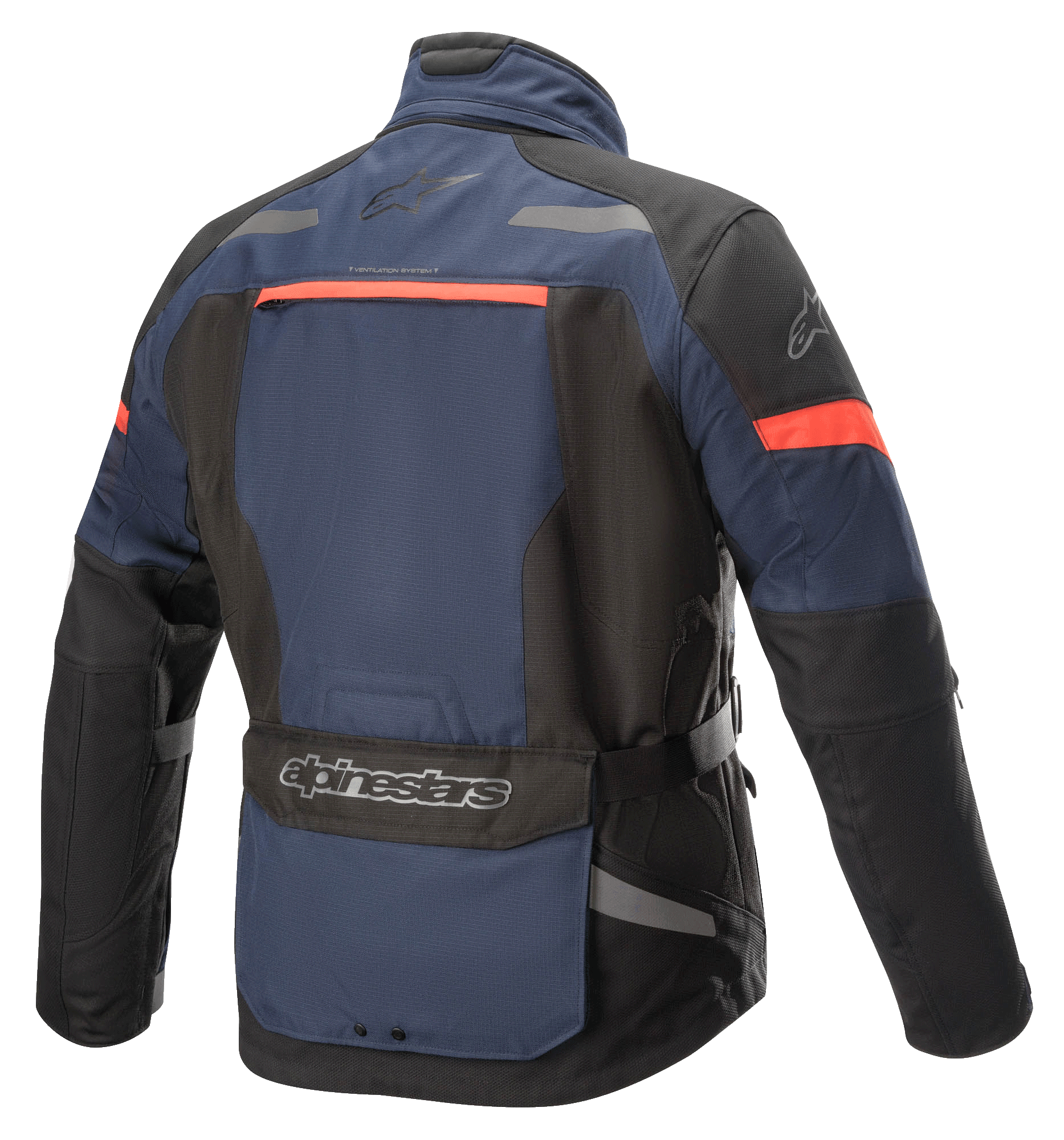 Alpinestars Valparaiso V3 Drystar® Jacket, motocyklowa kurtka turystyczna adventure, ciemnoniebieska i czarna z czerwono-pomarańczowymi akcentami, widok z tyłu z dużą kieszenią użytkową, odblaskowymi detalami i otworami wentylacyjnymi