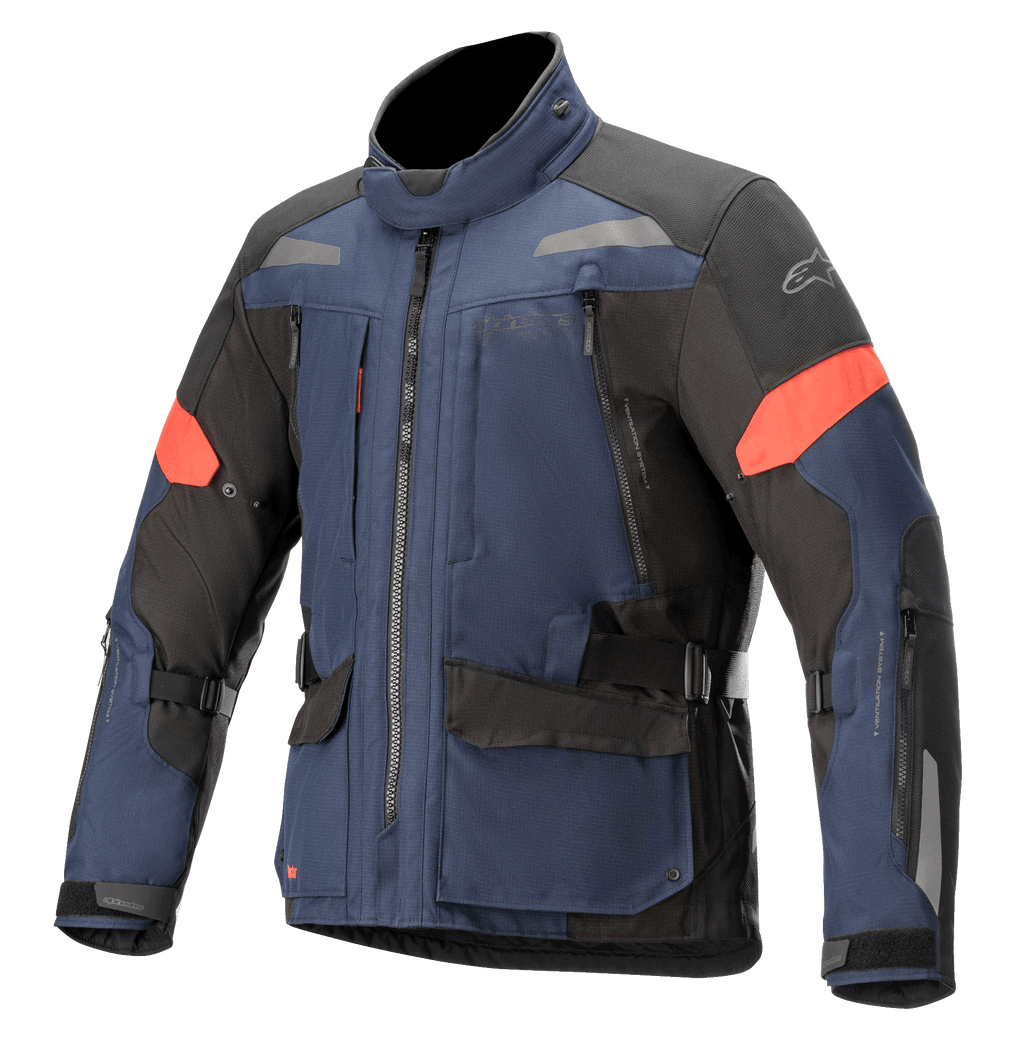 Kurtka Alpinestars Valparaiso V3 Drystar, motocyklowa kurtka turystyczna, ciemnoniebieska i czarna z czerwonymi akcentami, elementy odblaskowe, wiele kieszeni cargo na zamek, regulowane paski w talii i na rękawach, wytrzymała tekstylna konstrukcja do turystyki adventure
