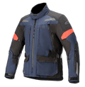 Kurtka Alpinestars Valparaiso V3 Drystar, motocyklowa kurtka turystyczna, ciemnoniebieska i czarna z czerwonymi akcentami, elementy odblaskowe, wiele kieszeni cargo na zamek, regulowane paski w talii i na rękawach, wytrzymała tekstylna konstrukcja do turystyki adventure