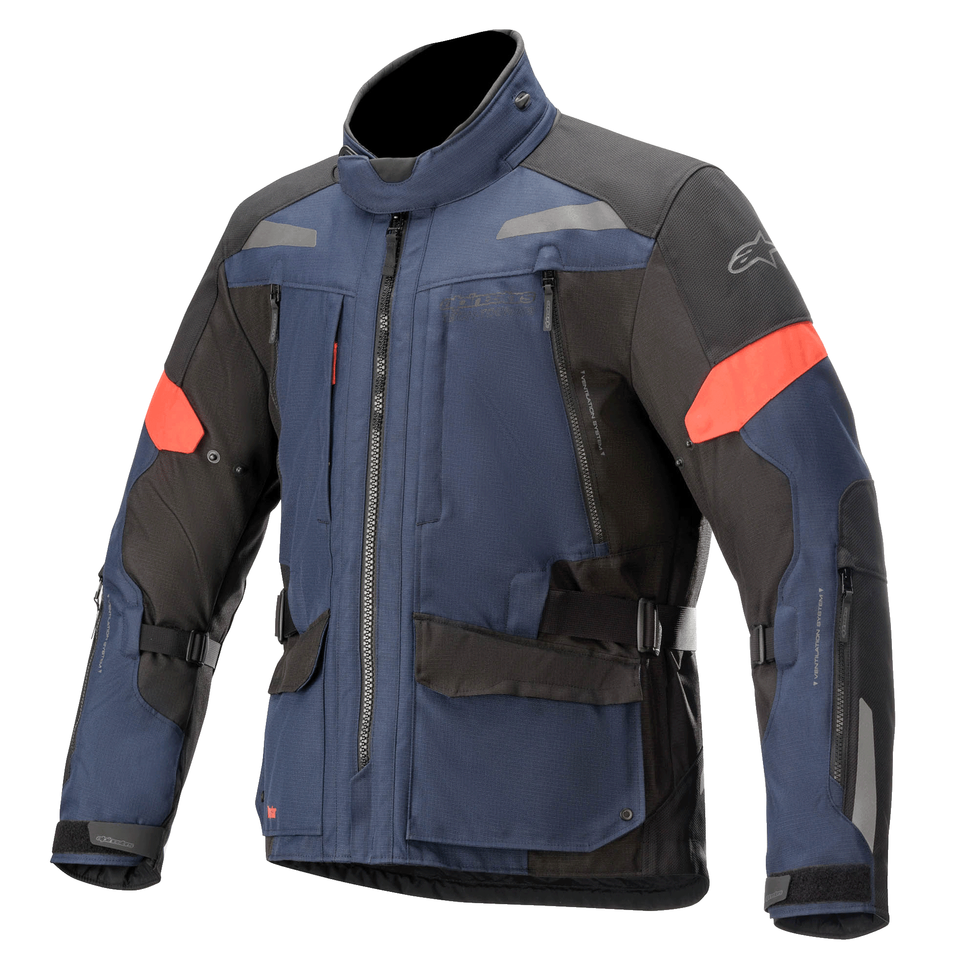 Kurtka Alpinestars Valparaiso V3 Drystar, motocyklowa kurtka turystyczna, ciemnoniebieska i czarna z czerwonymi akcentami, elementy odblaskowe, wiele kieszeni cargo na zamek, regulowane paski w talii i na rękawach, wytrzymała tekstylna konstrukcja do turystyki adventure