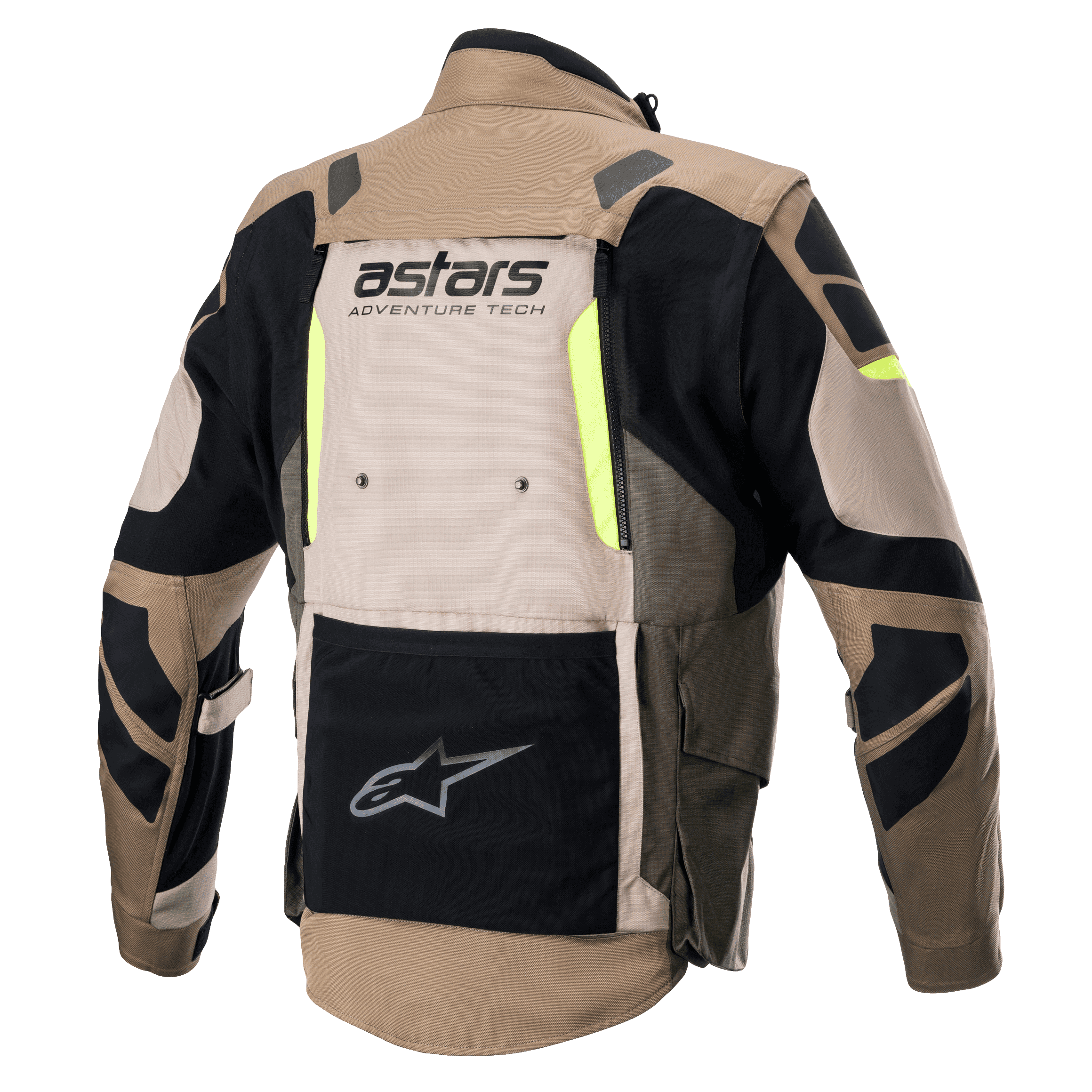 Alpinestars Halo Drystar® Jacket, Rear View, Dark Khaki and Sand with Yellow Fluo accents, Adventure Touring Motorcycle Jacket featuring a large back ventilation panel, 'astars ADVENTURE TECH' branding, and a black lower utility pocket.