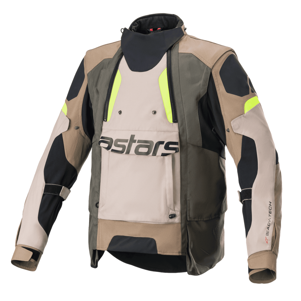 Alpinestars Halo Drystar® Jacket, Motorcycle Adventure Touring Jacket, Dark Khaki and Sand with Yellow Fluo accents, featuring a large front ventilation panel with astars branding, high collar, and rugged textile construction for all-season riding