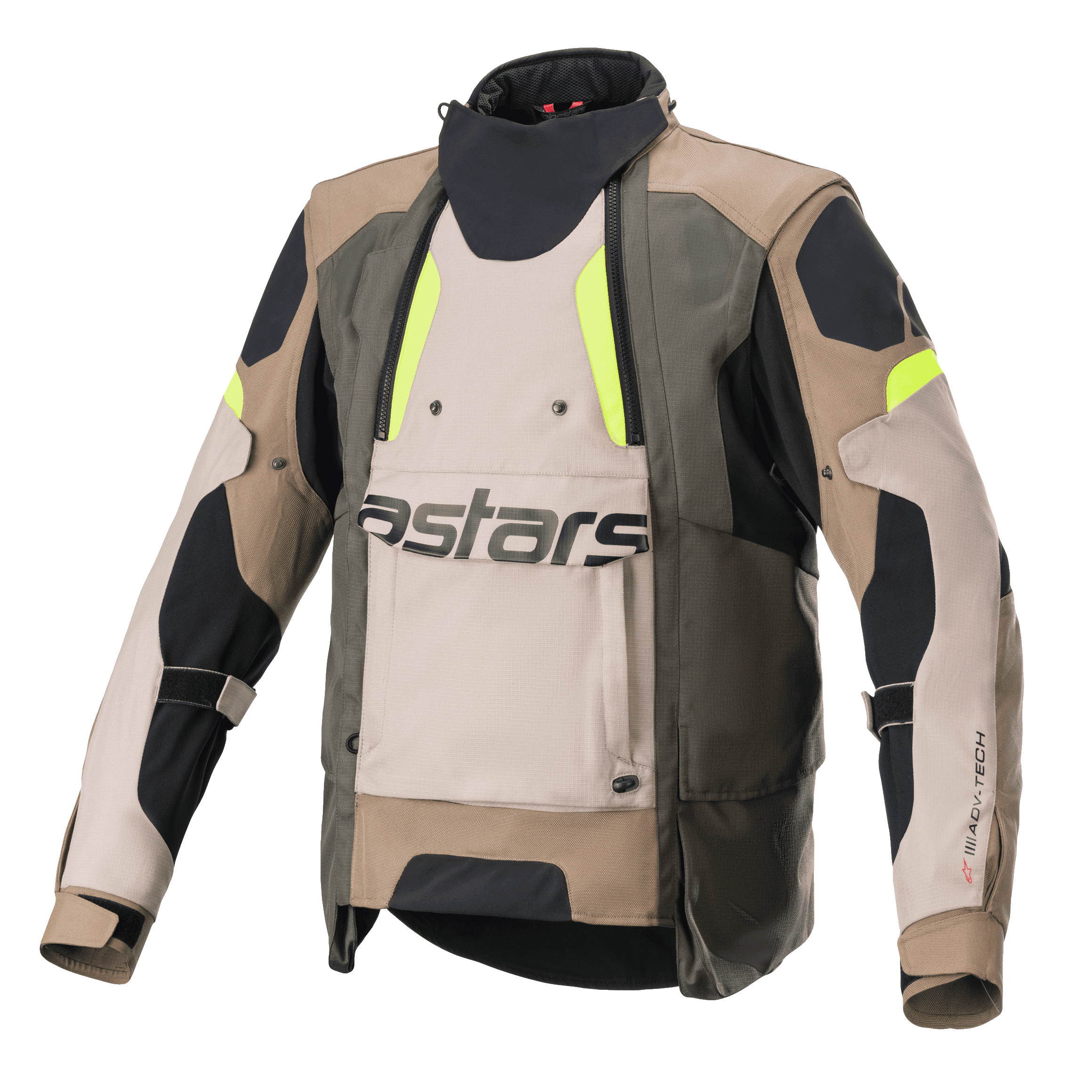 Alpinestars Halo Drystar® Jacket, motocyklowa kurtka turystyczna adventure, kolory Dark Khaki i Sand z jaskrawożółtymi akcentami Fluo, z dużym przednim panelem wentylacyjnym z logo astars, wysokim kołnierzem i wytrzymałą tekstylną konstrukcją do jazdy całosezonowej