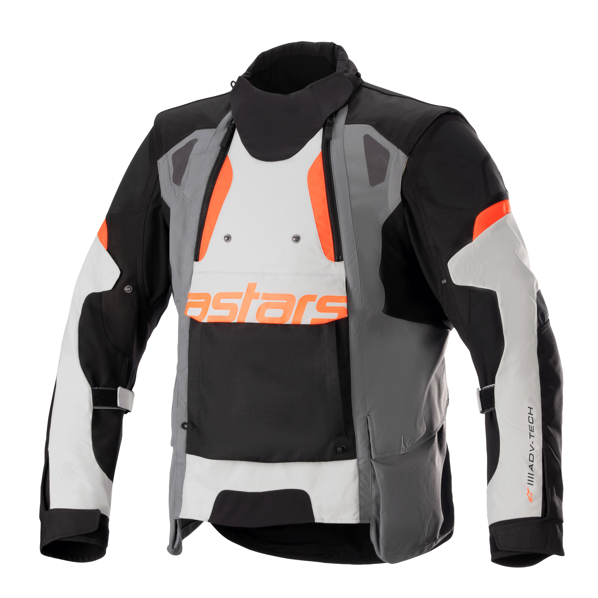 Alpinestars Halo Drystar® Jacket, motocyklowa kurtka turystyczna adventure, ciemnoszara, jasnoszara i czarna z pomarańczowymi akcentami, asymetryczny przedni panel wentylacyjny, pomarańczowe logo astars, regulowane paski na rękawach i wysoki kołnierz, ochronna odzież tekstylna do całosezonowej jazdy adventure