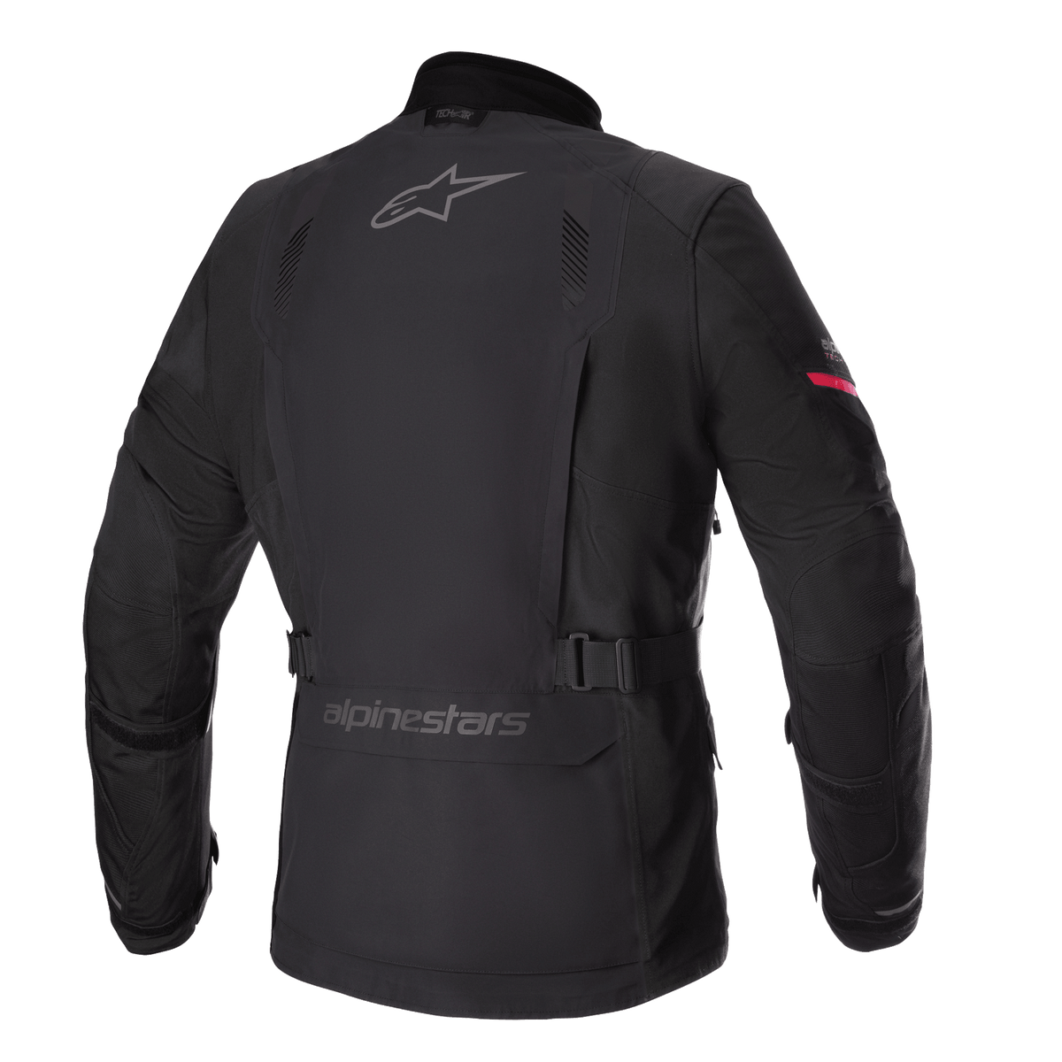 Kurtka Alpinestars Monteira Drystar® XF, motocyklowa kurtka turystyczna adventure, czarna z jasnoczerwonymi detalami na rękawach, widok z tyłu z szarymi logotypami Alpinestars, regulowany pas w talii, wytrzymała wodoodporna powłoka tekstylna