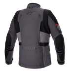 Kurtka Alpinestars Monteira Drystar® XF, turystyczna kurtka motocyklowa adventure, ciemnoszara i grafitowa (Tar Gray) z jaskrawoczerwonymi akcentami, widok z tyłu pokazujący tylną kieszeń, paski w talii oraz wzmocnione czarne panele na barkach i łokciach, logo Astars w górnej części pleców