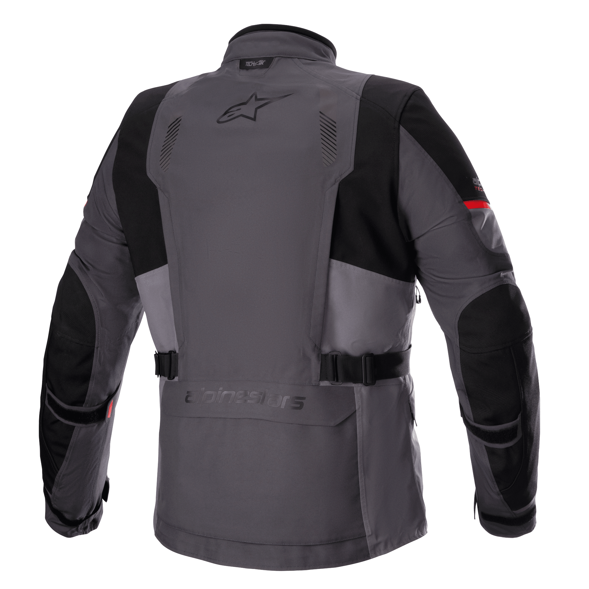 Kurtka Alpinestars Monteira Drystar® XF, turystyczna kurtka motocyklowa adventure, ciemnoszara i grafitowa (Tar Gray) z jaskrawoczerwonymi akcentami, widok z tyłu pokazujący tylną kieszeń, paski w talii oraz wzmocnione czarne panele na barkach i łokciach, logo Astars w górnej części pleców