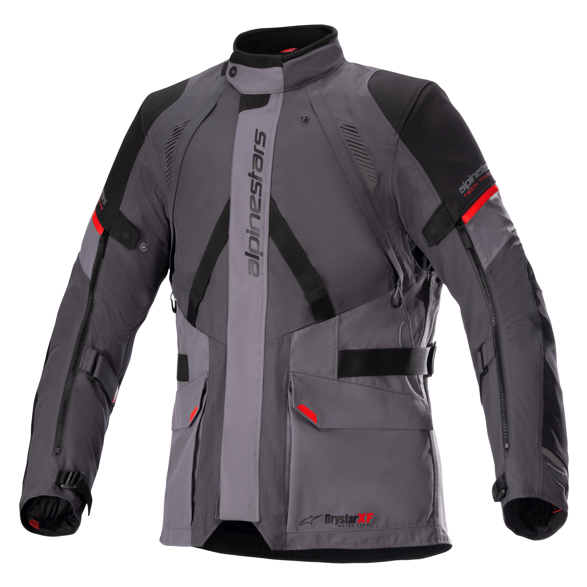 Kurtka Alpinestars Monteira Drystar XF, motocyklowa kurtka turystyczna, ciemnoszara i szara z czarnymi panelami i jaskrawoczerwonymi akcentami, przednie kieszenie cargo, regulowane paski w talii i na rękawach, pionowy napis Alpinestars, wysoki kołnierz, przeznaczona do jazdy adventure