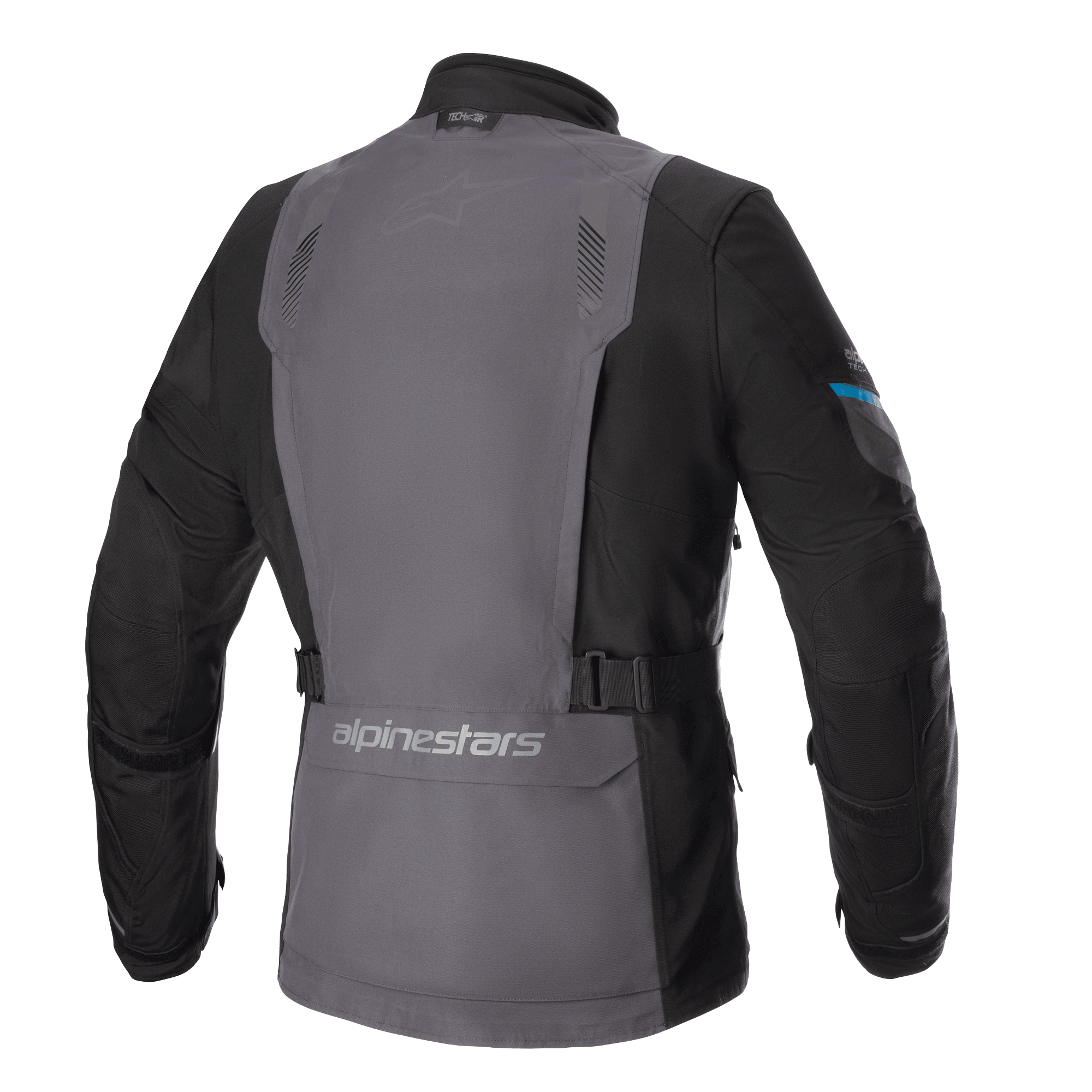 Kurtka Alpinestars Monteira Drystar® XF, motocyklowa kurtka turystyczna adventure, szaro-czarna z akcentami Methyl Blue, widok z tyłu prezentujący duży szary panel, regulowane paski w talii oraz logo Alpinestars na dolnej części pleców.