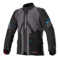 Alpinestars Monteira Drystar XF Jacket, motocyklowa kurtka turystyczna adventure, szaro-czarna z niebieskimi akcentami Methyl Blue, wiele przednich kieszeni, regulowane paski w talii, pionowe logo Alpinestars na piersi, wytrzymała wodoodporna konstrukcja tekstylna