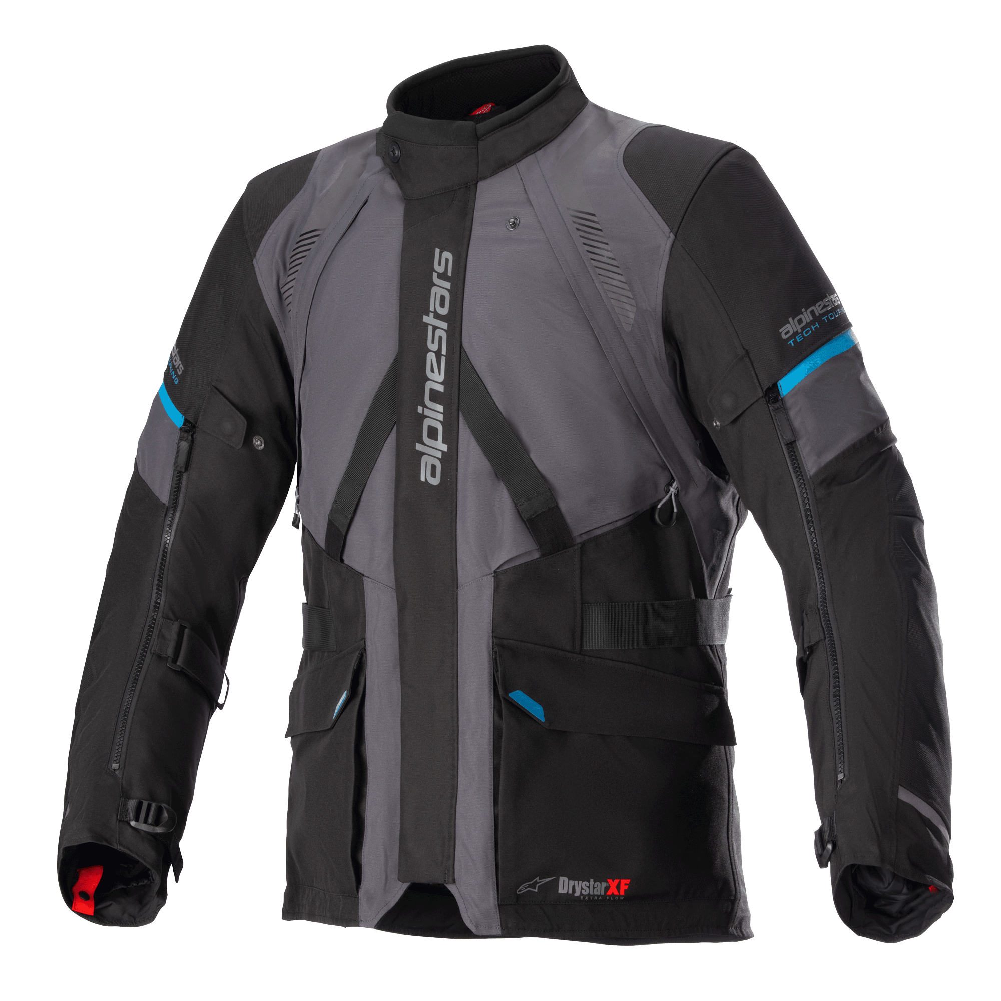 Alpinestars Monteira Drystar XF Jacket, motocyklowa kurtka turystyczna adventure, szaro-czarna z niebieskimi akcentami Methyl Blue, wiele przednich kieszeni, regulowane paski w talii, pionowe logo Alpinestars na piersi, wytrzymała wodoodporna konstrukcja tekstylna