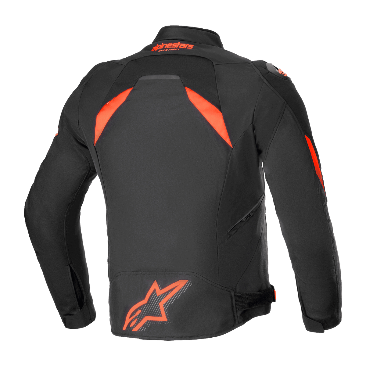 Alpinestars T-GP R V3 Drystar® Jacket, Waterproof Sport Textile Motorcycle Jacket, Black and Red Fluo, rear view featuring a large fluorescent logo on the lower back and high-visibility shoulder panels, technical race-derived design