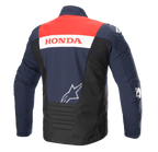 Wodoodporna kurtka softshell Alpinestars Honda SMX, widok z tyłu, kolorystyka Night Navy, czarny i jaskrawoczerwony, z napisem „HONDA” na białym pasie i srebrnym logo Alpinestars, przeznaczona do szosowej jazdy motocyklowej