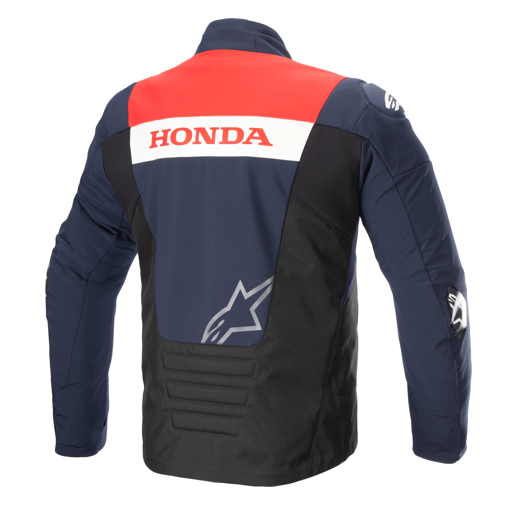 Wodoodporna kurtka softshell Alpinestars Honda SMX, widok z tyłu, kolorystyka Night Navy, czarny i jaskrawoczerwony, z napisem „HONDA” na białym pasie i srebrnym logo Alpinestars, przeznaczona do szosowej jazdy motocyklowej