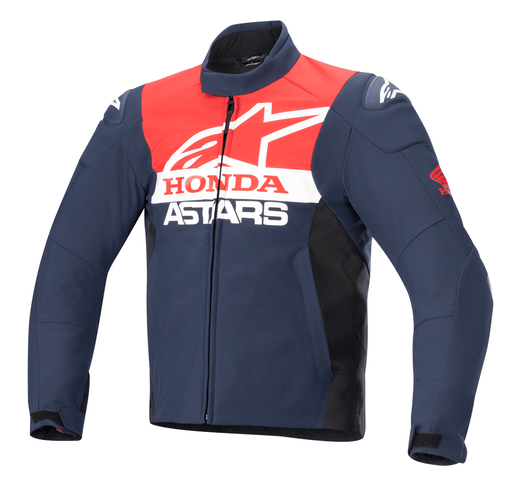Alpinestars Honda SMX Waterproof Softshell Jacket, kurtka motocyklowa, granatowa, czarna i jaskrawoczerwona, białe logo Alpinestars i Honda na klatce piersiowej, wysoki kołnierz, przedni zamek błyskawiczny, gładki wodoodporny materiał tekstylny