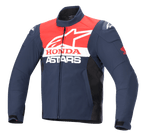Alpinestars Honda SMX Waterproof Softshell Jacket, kurtka motocyklowa, granatowa, czarna i jaskrawoczerwona, białe logo Alpinestars i Honda na klatce piersiowej, wysoki kołnierz, przedni zamek błyskawiczny, gładki wodoodporny materiał tekstylny