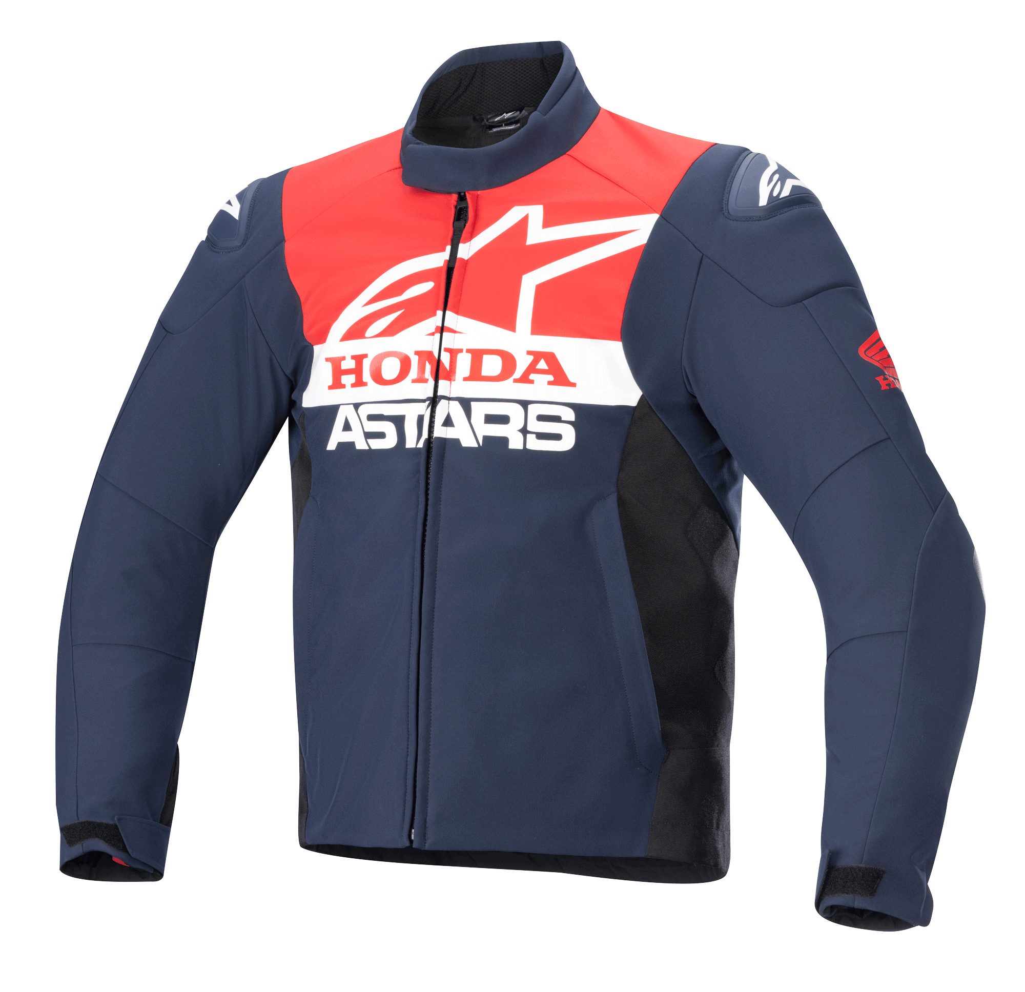 Alpinestars Honda SMX Waterproof Softshell Jacket, kurtka motocyklowa, granatowa, czarna i jaskrawoczerwona, białe logo Alpinestars i Honda na klatce piersiowej, wysoki kołnierz, przedni zamek błyskawiczny, gładki wodoodporny materiał tekstylny