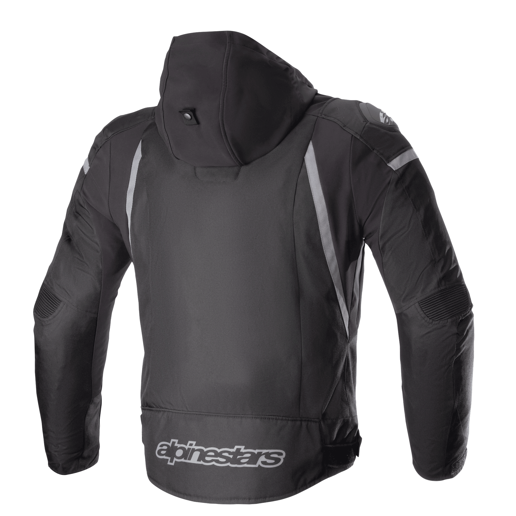 Alpinestars Zaca Waterproof Jacket, czarno-ciemnoszara, widok z tyłu z odpinanym kapturem, szarymi odblaskowymi akcentami i logo Alpinestars na dole pleców, tekstylna sportowa kurtka motocyklowa