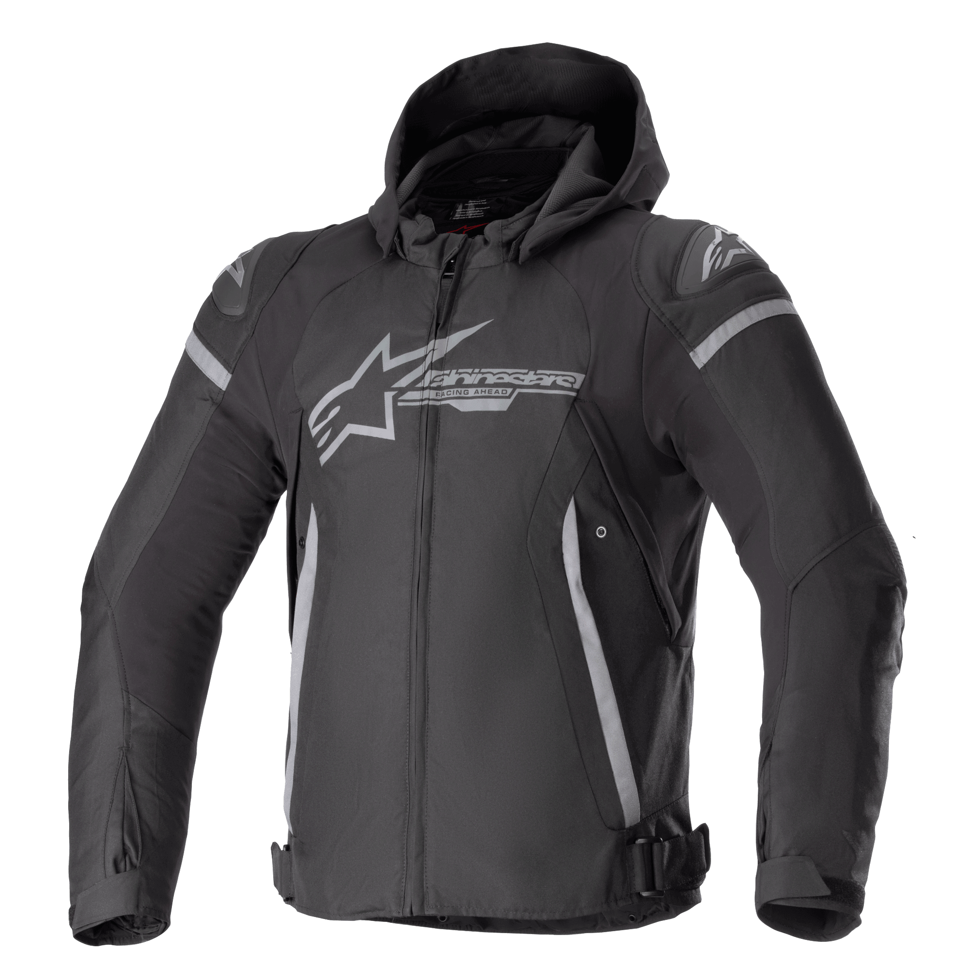 Alpinestars Zaca Waterproof Jacket, motocyklowa kurtka sportowa, czarno-ciemnoszara, z odpinanym kapturem, dużym szarym logo na klatce piersiowej, jasnoszarymi akcentami na ramionach i bokach, regulowanymi paskami w talii i zamkiem błyskawicznym z przodu, sportowa konstrukcja tekstylna