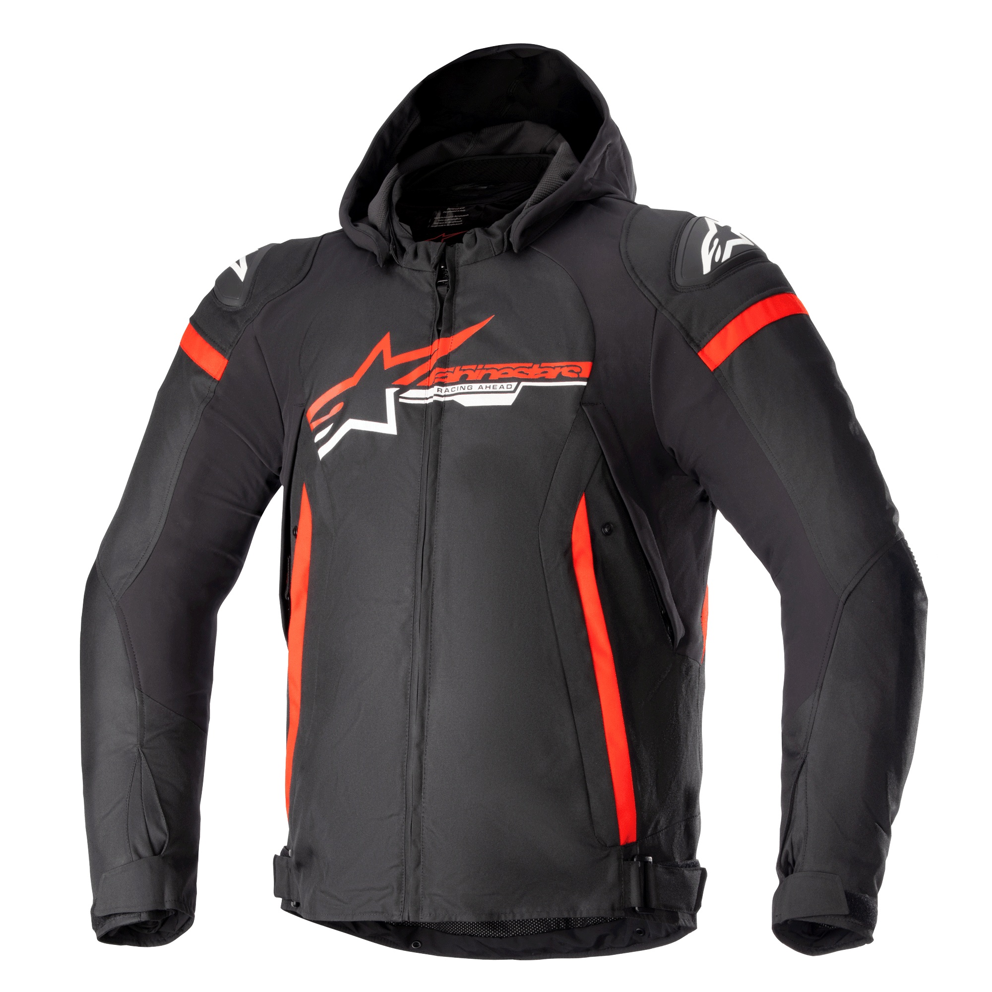 Kurtka wodoodporna Alpinestars Zaca, czarna z jaskrawoczerwonymi i białymi akcentami, tekstylna kurtka motocyklowa z kapturem i przednim zamkiem, pionowe czerwone pasy po bokach, logo gwiazdy Alpinestars na piersi, ochronne protektory ramion, sportowa odzież motocyklowa na każdą pogodę