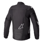 Kurtka Alpinestars SMX Waterproof, czarno-ciemnoszara, widok z tyłu, białe logo Alpinestars na dole pleców i ramieniu, wyściełana dolna część pleców, techniczna kurtka motocyklowa z materiału tekstylnego i softshellu