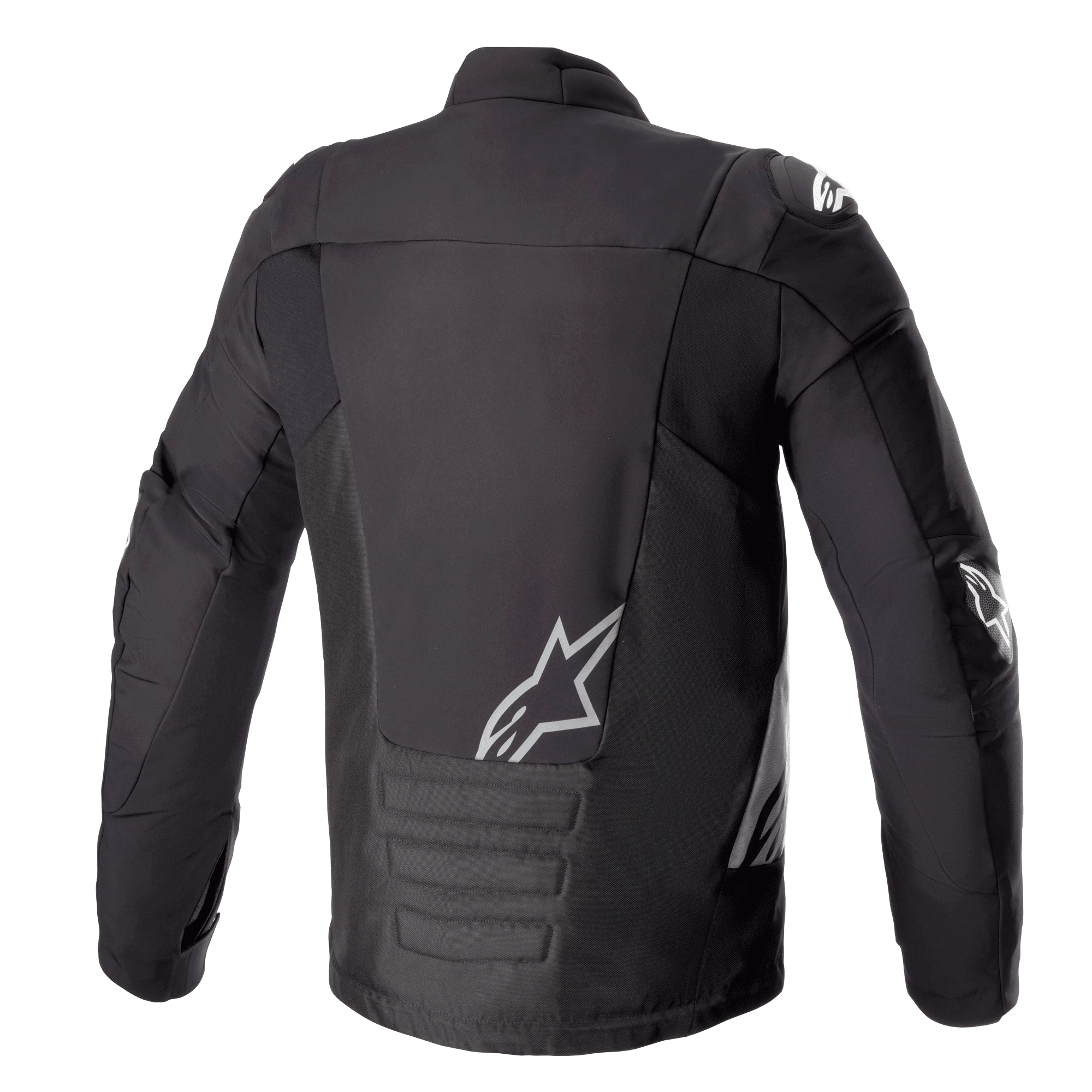 Kurtka Alpinestars SMX Waterproof, czarno-ciemnoszara, widok z tyłu, białe logo Alpinestars na dole pleców i ramieniu, wyściełana dolna część pleców, techniczna kurtka motocyklowa z materiału tekstylnego i softshellu