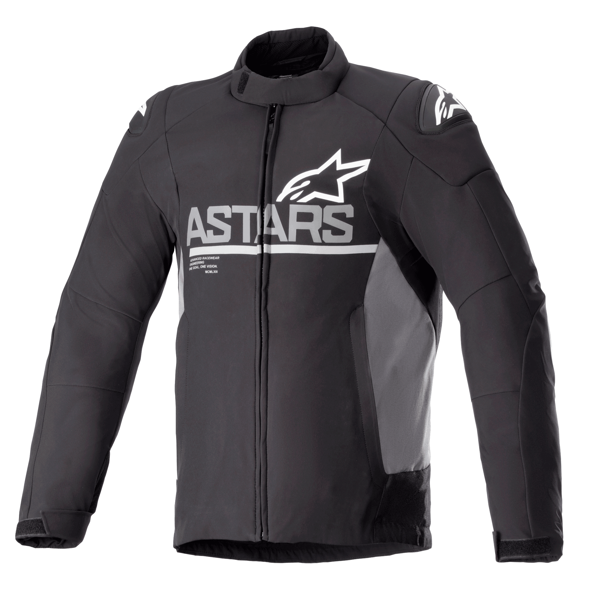 Alpinestars SMX Waterproof Jacket, kurtka motocyklowa, czarna z ciemnoszarymi panelami bocznymi, białe logo ASTARS na klatce piersiowej i gwiazdy na ramionach, konstrukcja tekstylna i softshellowa, pełny zamek z przodu, wysoki kołnierz oraz regulowane mankiety na rzepy