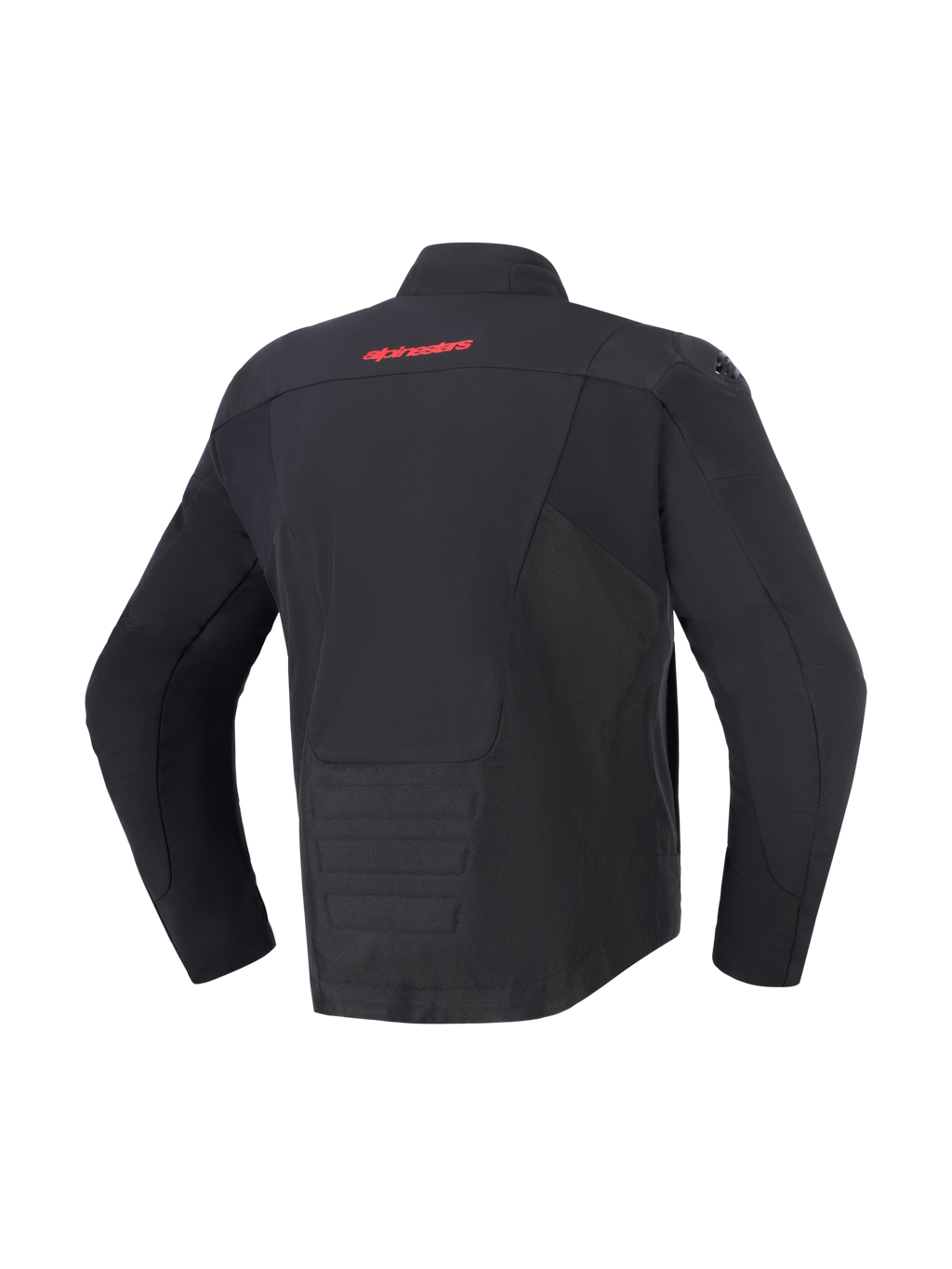 Alpinestars SMX Waterproof Jacket, czarna, widok z tyłu z czerwonym logo Alpinestars na górze pleców, przedłużony tył dla lepszej osłony, panele tekstylne i softshellowe, ochronna odzież motocyklowa do jazdy szosowej i sportowej