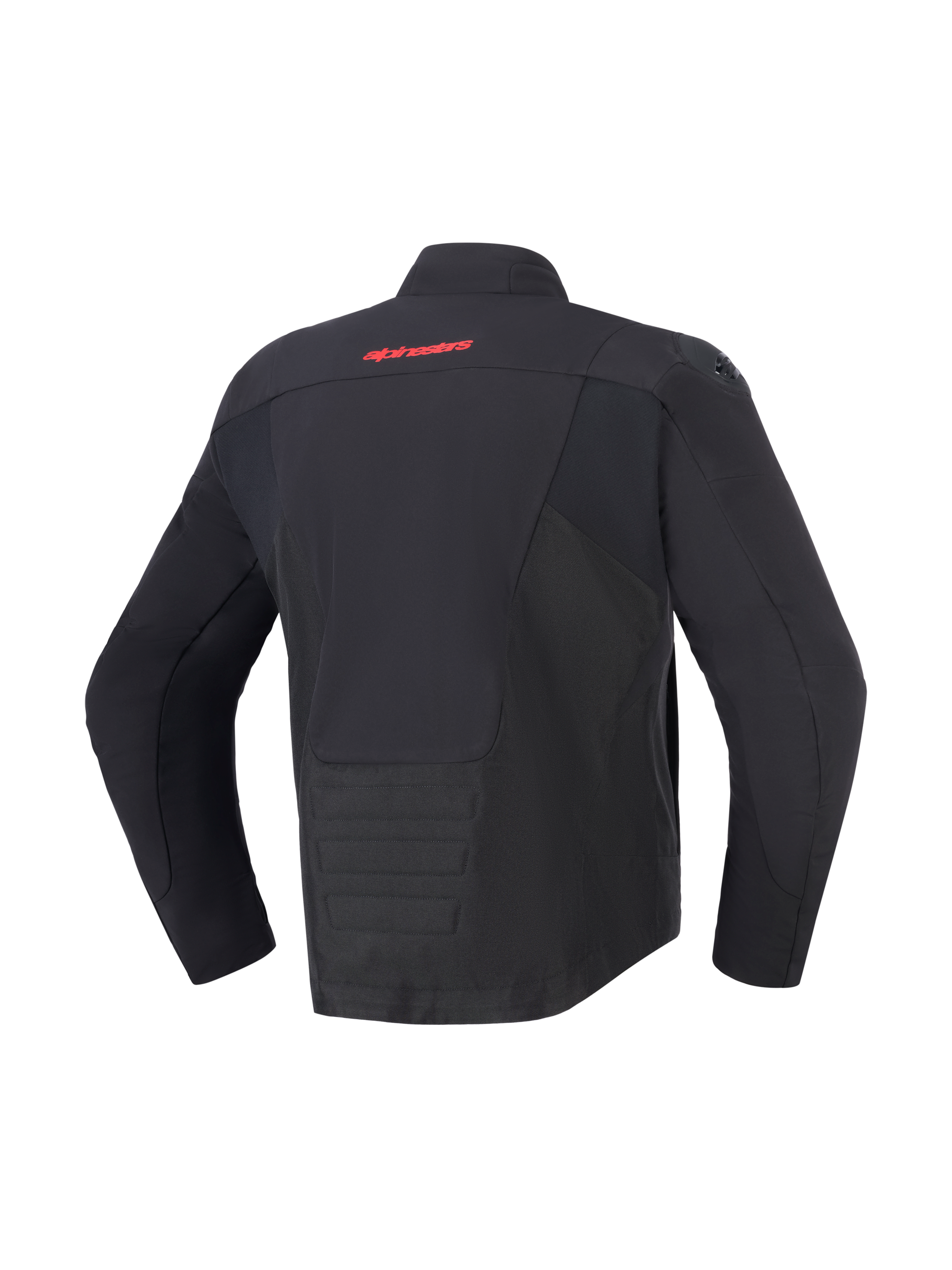 Alpinestars SMX Waterproof Jacket, czarna, widok z tyłu z czerwonym logo Alpinestars na górze pleców, przedłużony tył dla lepszej osłony, panele tekstylne i softshellowe, ochronna odzież motocyklowa do jazdy szosowej i sportowej