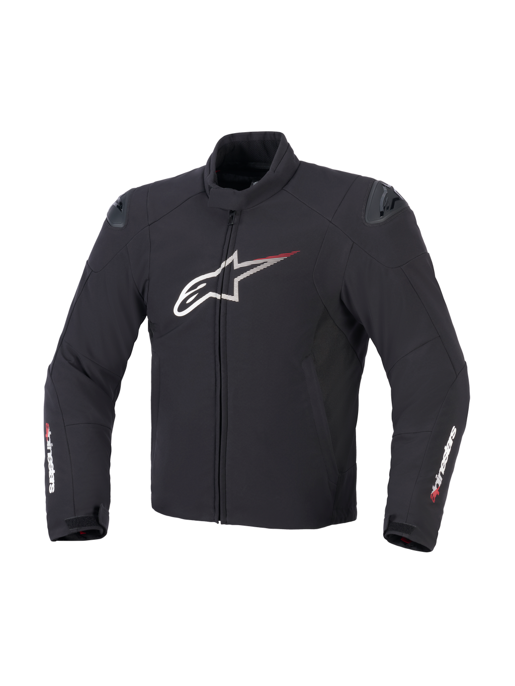 Alpinestars SMX Waterproof Jacket w kolorze czarno-białym i jaskrawoczerwonym, widok z przodu ukazujący tekstylną konstrukcję, duże białe logo Astar na klatce piersiowej z czerwonymi liniami prędkości, zewnętrzne slidery ramion DFS lite oraz branding Alpinestars na rękawach.