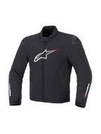 Alpinestars SMX Waterproof Jacket w kolorze czarno-białym i jaskrawoczerwonym, widok z przodu ukazujący tekstylną konstrukcję, duże białe logo Astar na klatce piersiowej z czerwonymi liniami prędkości, zewnętrzne slidery ramion DFS lite oraz branding Alpinestars na rękawach.