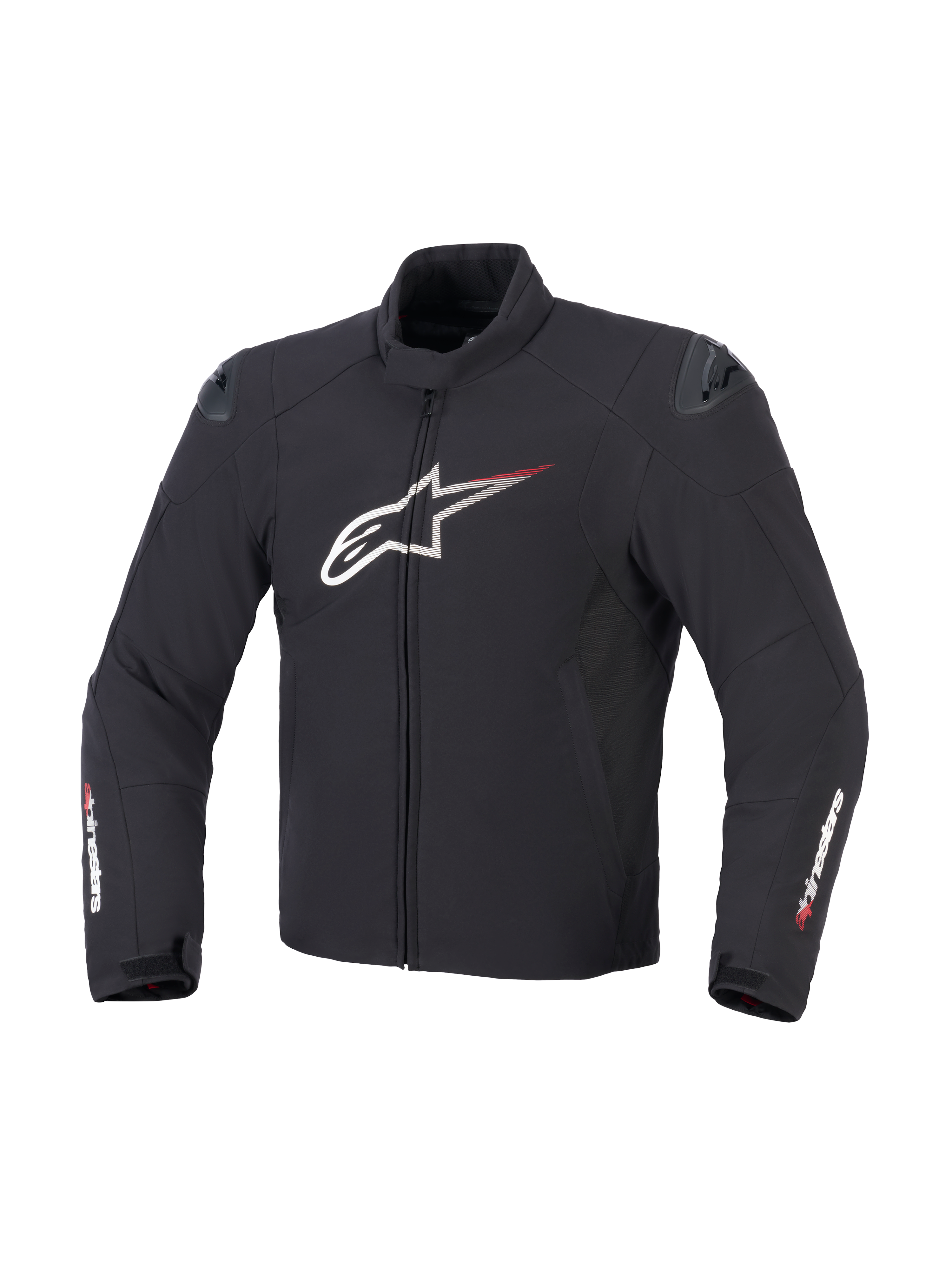 Alpinestars SMX Waterproof Jacket w kolorze czarno-białym i jaskrawoczerwonym, widok z przodu ukazujący tekstylną konstrukcję, duże białe logo Astar na klatce piersiowej z czerwonymi liniami prędkości, zewnętrzne slidery ramion DFS lite oraz branding Alpinestars na rękawach.