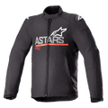 Alpinestars SMX Waterproof Jacket, tekstylna kurtka motocyklowa, czarna z ciemnoszarymi i jaskrawoczerwonymi elementami, z brandingiem ASTARS i logo gwiazdy na piersi, poziomym czerwonym paskiem, białymi logo na ramionach, wysokim kołnierzem i zamkiem błyskawicznym z przodu, ochronny i odporny na warunki atmosferyczne sportowy design