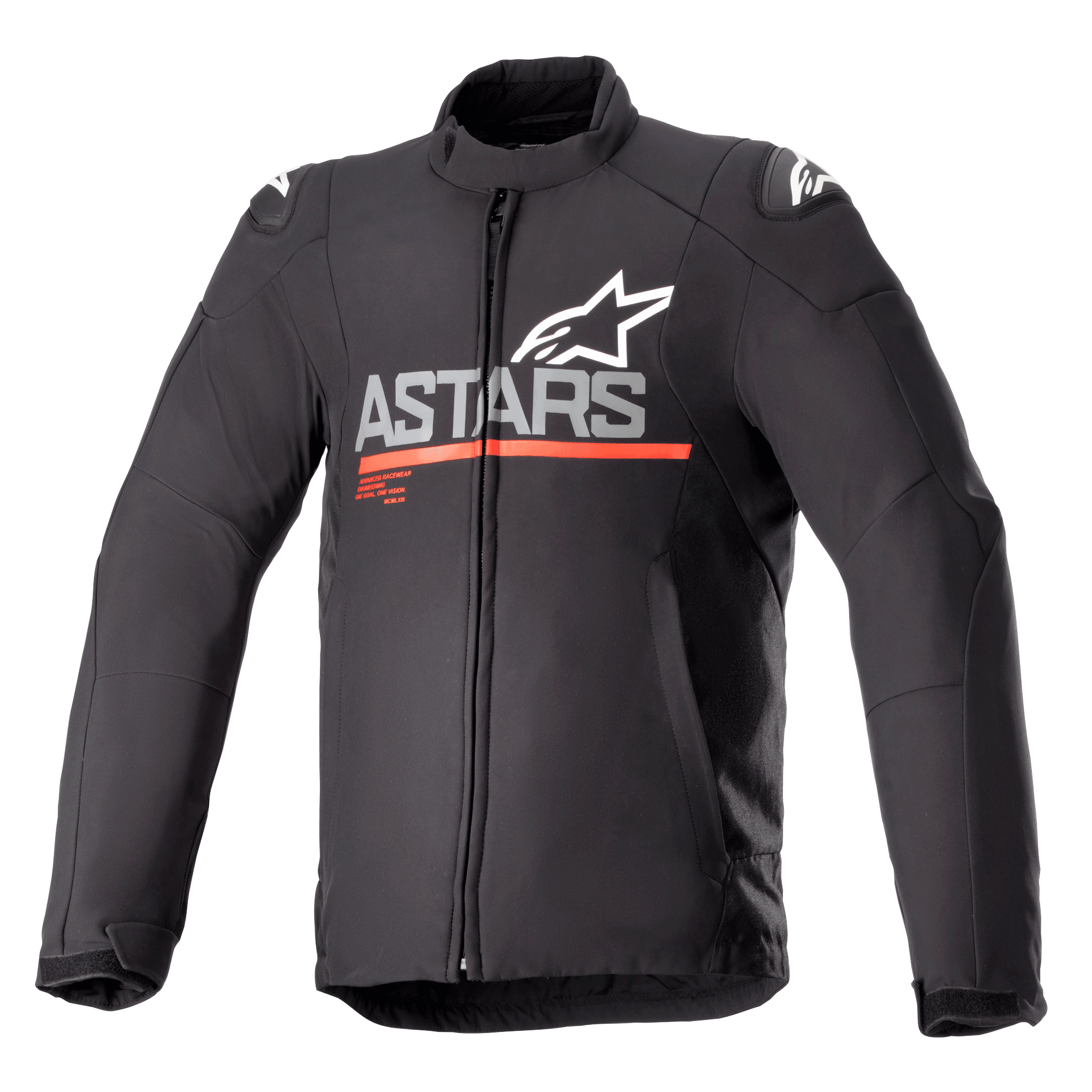 Alpinestars SMX Waterproof Jacket, tekstylna kurtka motocyklowa, czarna z ciemnoszarymi i jaskrawoczerwonymi elementami, z brandingiem ASTARS i logo gwiazdy na piersi, poziomym czerwonym paskiem, białymi logo na ramionach, wysokim kołnierzem i zamkiem błyskawicznym z przodu, ochronny i odporny na warunki atmosferyczne sportowy design