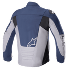 Kurtka Alpinestars SMX Waterproof, widok z tyłu, granatowa i ciemnoszara, panele w kolorach granatowym i jasnoszarym z czarnymi akcentami, białe logo gwiazdy na dole pleców, wyściełane poziome przeszycia