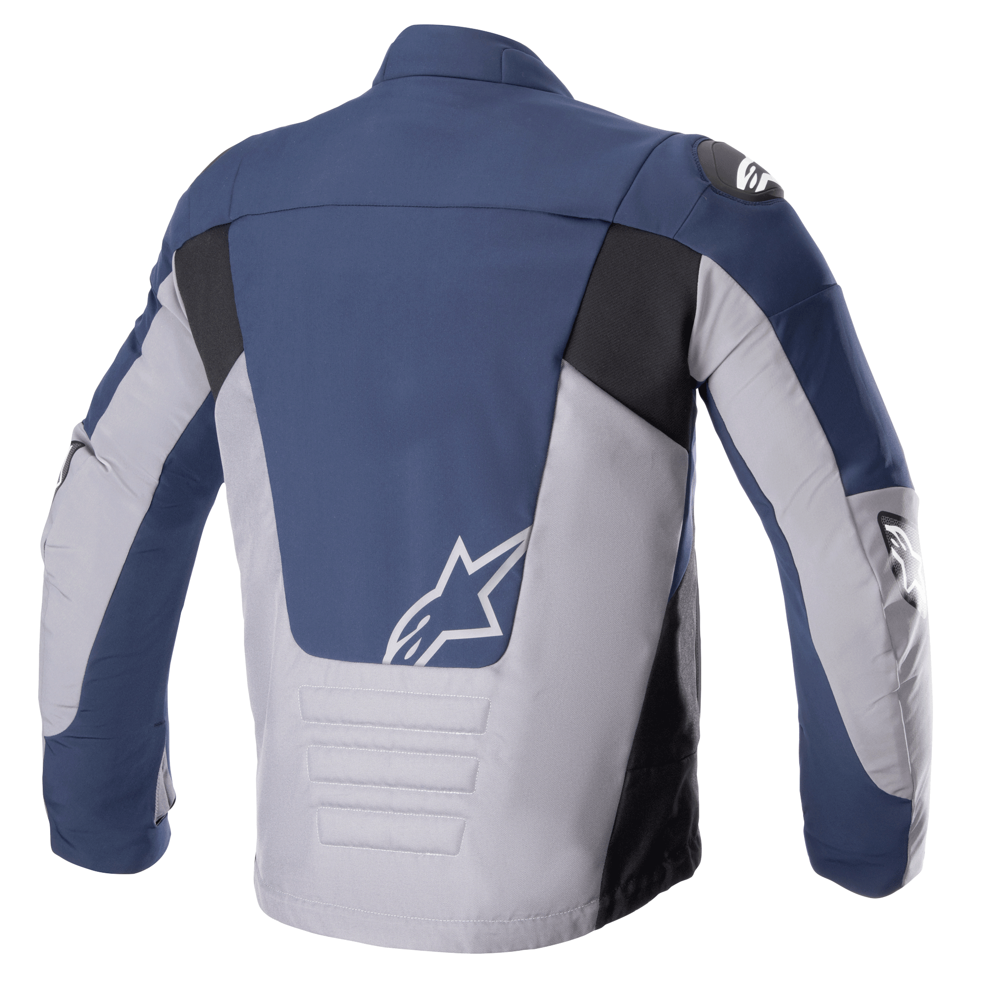 Kurtka Alpinestars SMX Waterproof, widok z tyłu, granatowa i ciemnoszara, panele w kolorach granatowym i jasnoszarym z czarnymi akcentami, białe logo gwiazdy na dole pleców, wyściełane poziome przeszycia