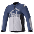 Alpinestars SMX Waterproof Jacket, kurtka motocyklowa, granatowa i ciemnoszara z czarnymi panelami bocznymi, duże szare logo ASTARS na piersi, białe logo gwiazdy na ramionach, wysoki kołnierz, regulowane mankiety na rzepy, wyściełane ochraniacze, zamek błyskawiczny na całej długości