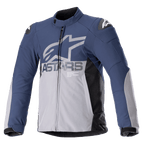 Alpinestars SMX Waterproof Jacket, kurtka motocyklowa, granatowa i ciemnoszara z czarnymi panelami bocznymi, duże szare logo ASTARS na piersi, białe logo gwiazdy na ramionach, wysoki kołnierz, regulowane mankiety na rzepy, wyściełane ochraniacze, zamek błyskawiczny na całej długości