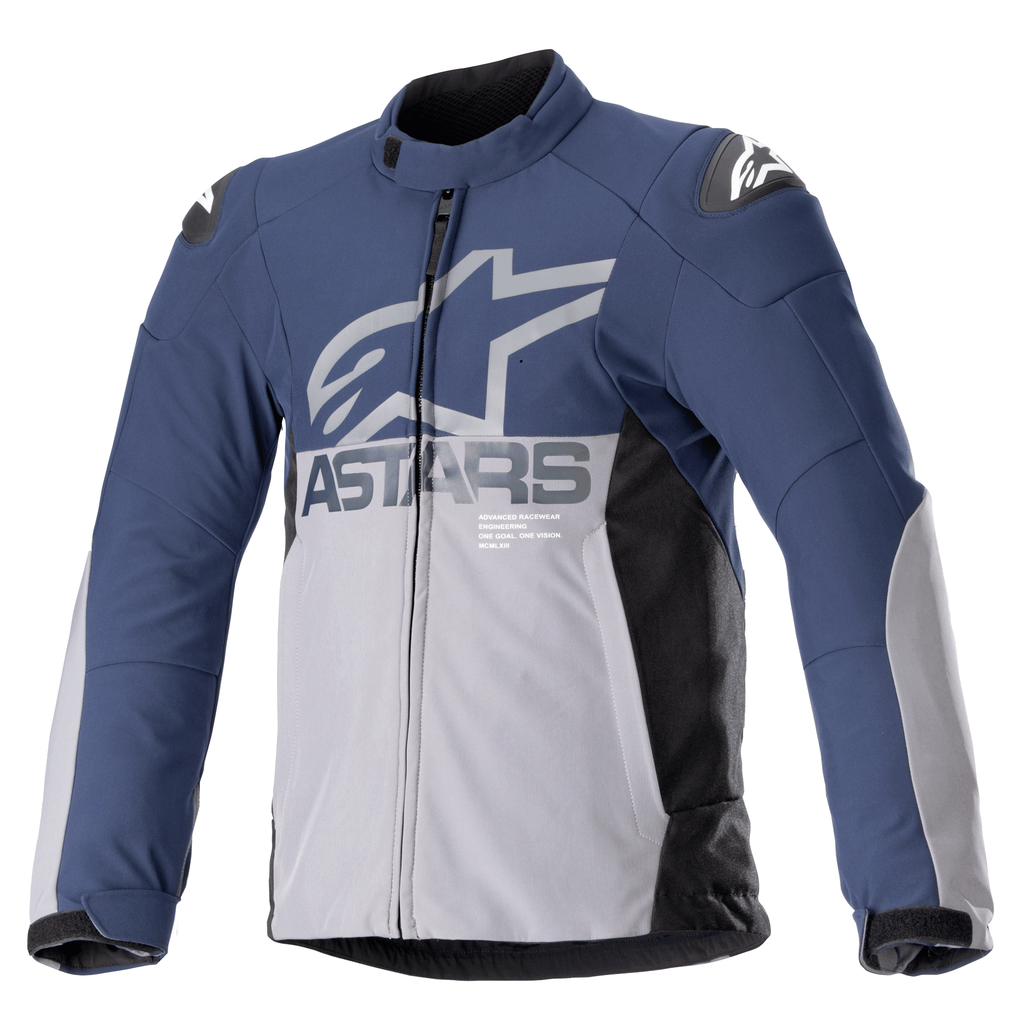 Alpinestars SMX Waterproof Jacket, kurtka motocyklowa, granatowa i ciemnoszara z czarnymi panelami bocznymi, duże szare logo ASTARS na piersi, białe logo gwiazdy na ramionach, wysoki kołnierz, regulowane mankiety na rzepy, wyściełane ochraniacze, zamek błyskawiczny na całej długości