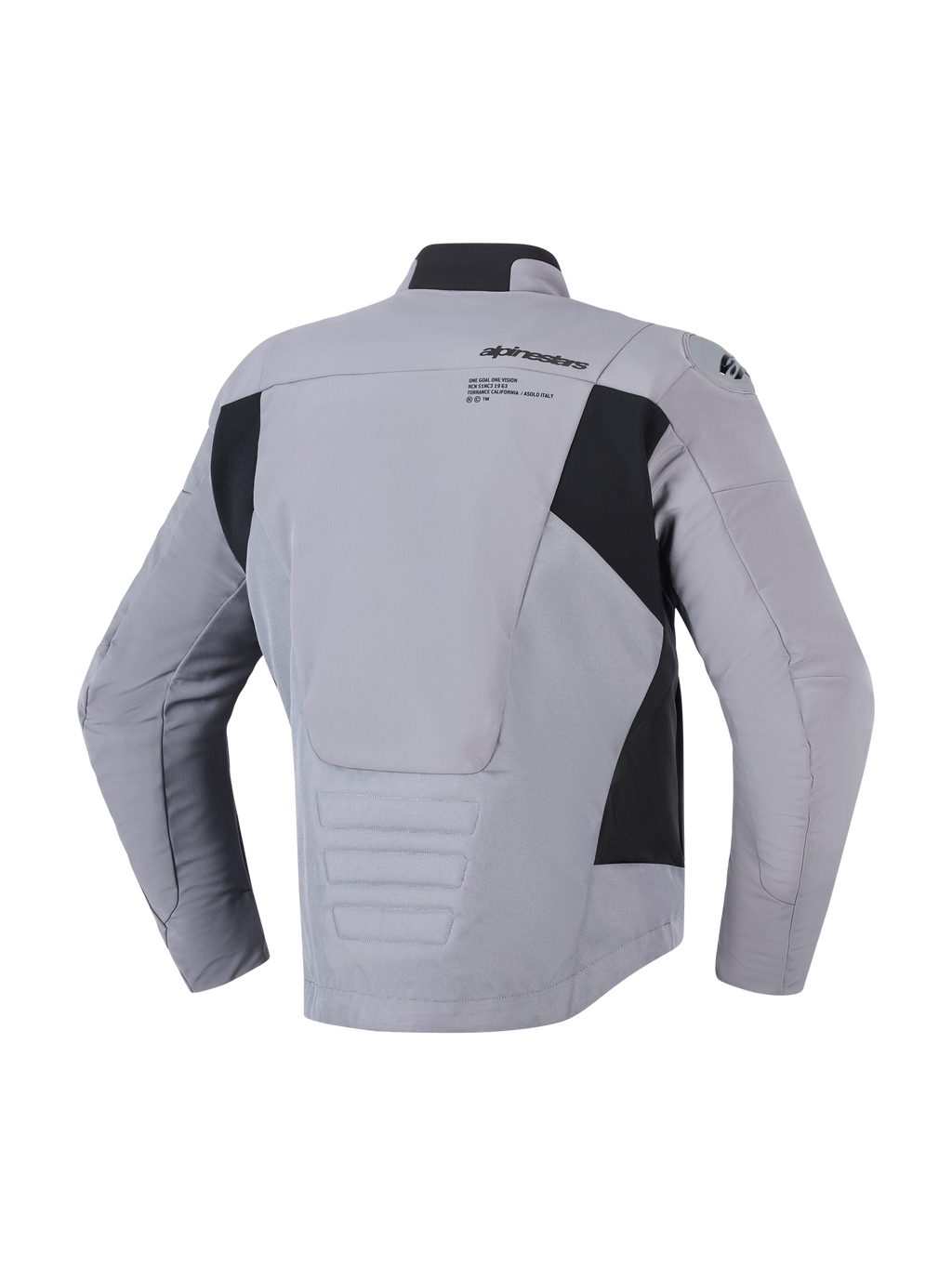 Wodoodporna kurtka Alpinestars SMX w kolorze ciemnoszaro-czarnym, widok z tyłu prezentujący konstrukcję tekstylną i softshellową, logo i grafika Alpinestars w górnej części pleców, czarne panele boczne i wydłużony profil tyłu zapewniający osłonę podczas jazdy, sportowa drogowa kurtka motocyklowa.