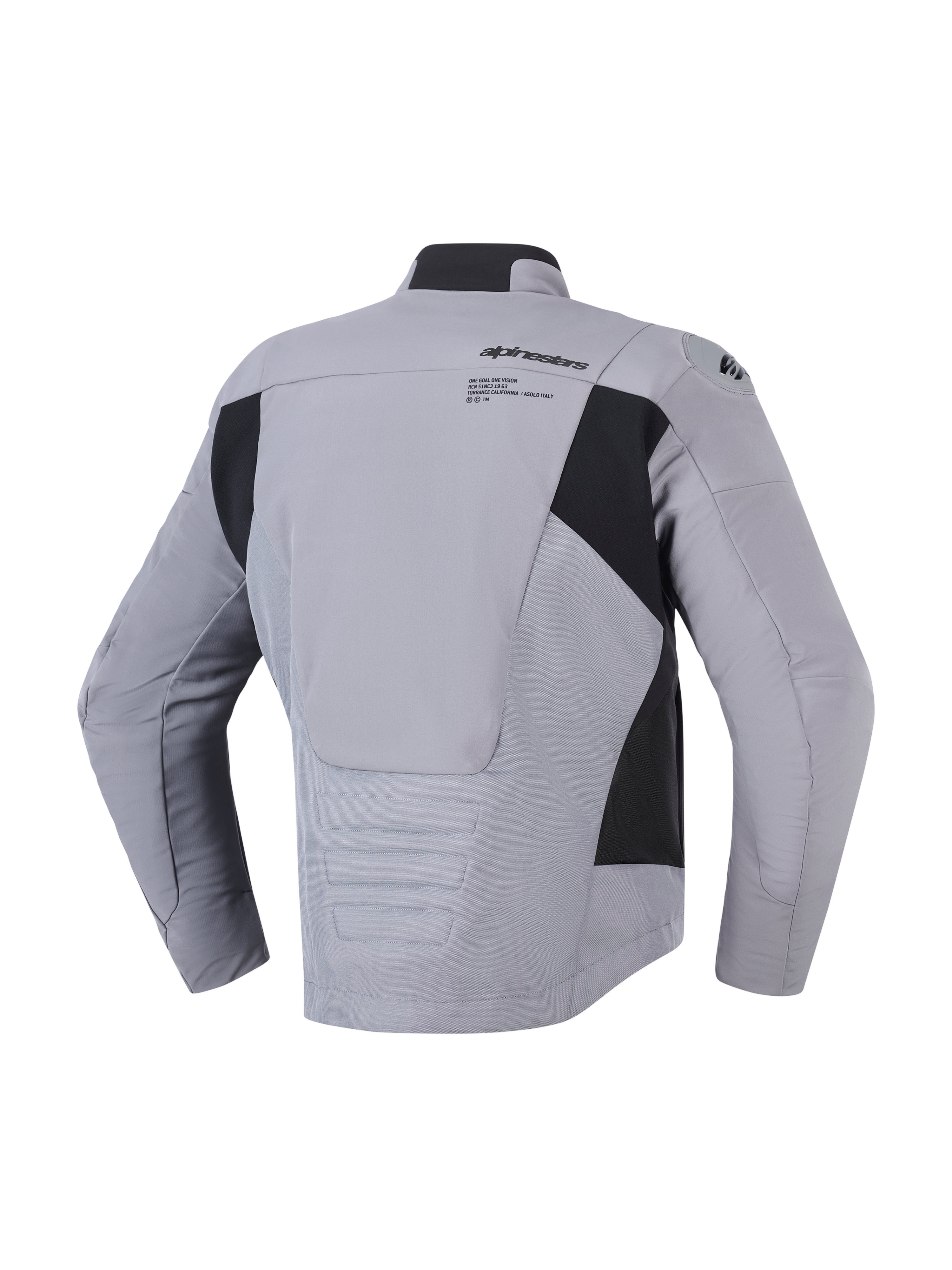 Wodoodporna kurtka Alpinestars SMX w kolorze ciemnoszaro-czarnym, widok z tyłu prezentujący konstrukcję tekstylną i softshellową, logo i grafika Alpinestars w górnej części pleców, czarne panele boczne i wydłużony profil tyłu zapewniający osłonę podczas jazdy, sportowa drogowa kurtka motocyklowa.