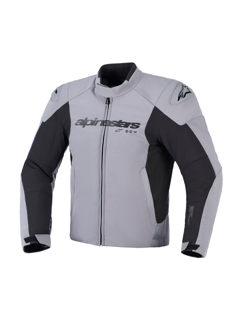 Alpinestars SMX Waterproof Jacket, kurtka motocyklowa, ciemnoszara i czarna, widok z przodu z logo Alpinestars na klatce piersiowej i sliderami barkowymi DFS Lite, sportowy krój tekstylny do jazdy szosowej
